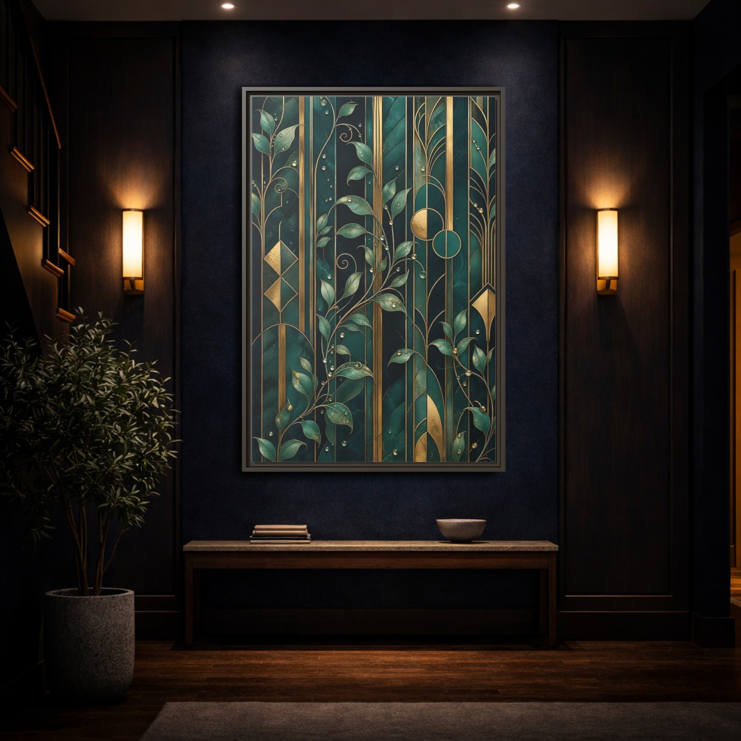 Mockup 4. Nature Golden Leaves Emerald Gold shown as stretched canvas wall art