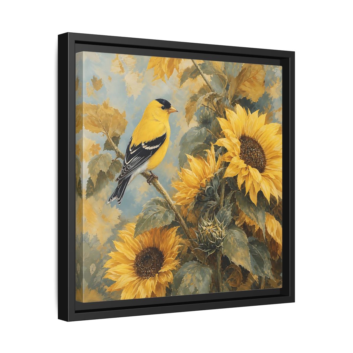 Side Mockup 32. Nature Goldfinch, Sunflowers Yellow Bird Sunflowers shown as stretched canvas wall art