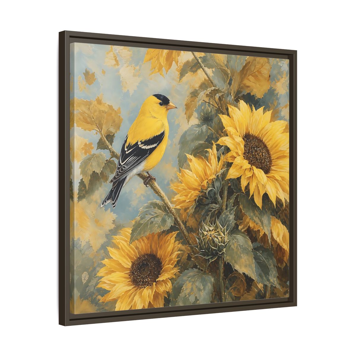 Side Mockup 27. Nature Goldfinch, Sunflowers Yellow Bird Sunflowers shown as stretched canvas wall art