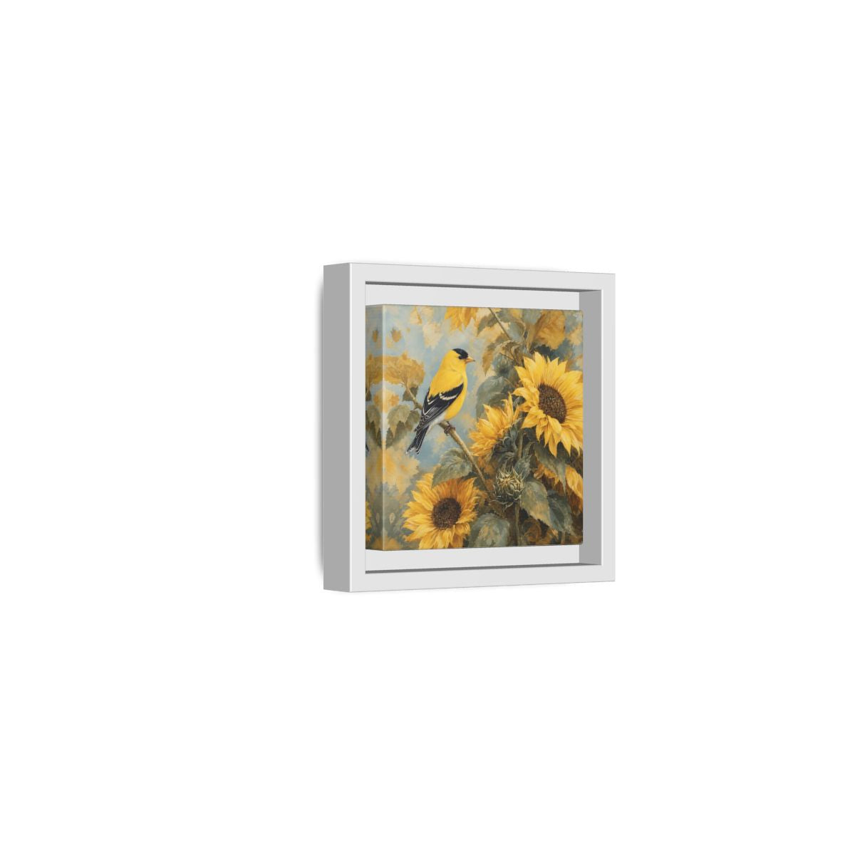 Side Mockup 22. Nature Goldfinch, Sunflowers Yellow Bird Sunflowers shown as stretched canvas wall art