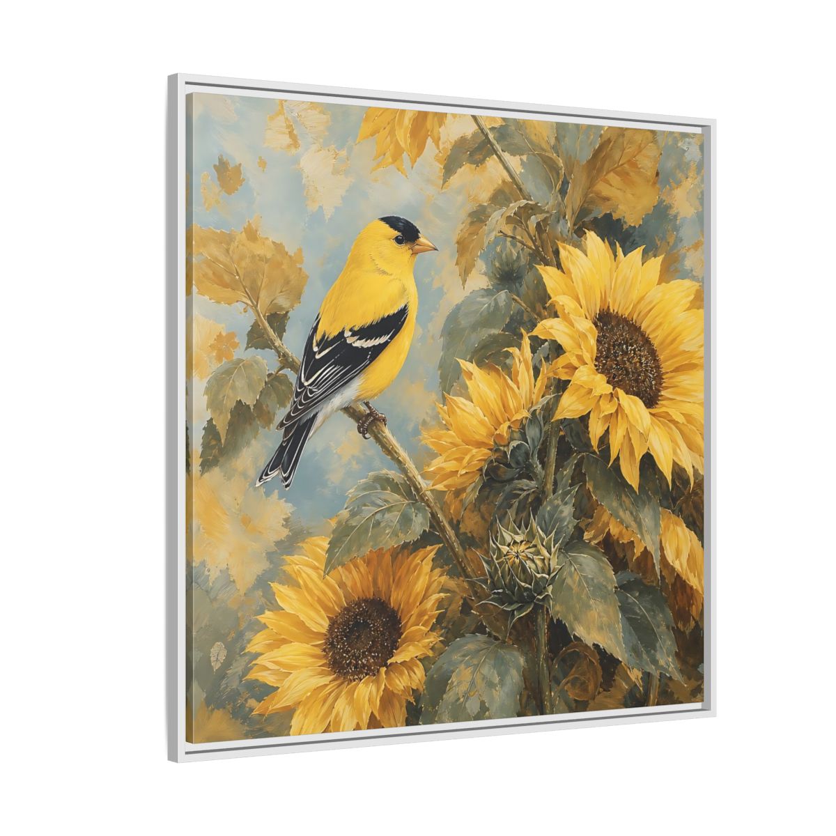 Side Mockup 4. Nature Goldfinch, Sunflowers Yellow Bird Sunflowers shown as stretched canvas wall art