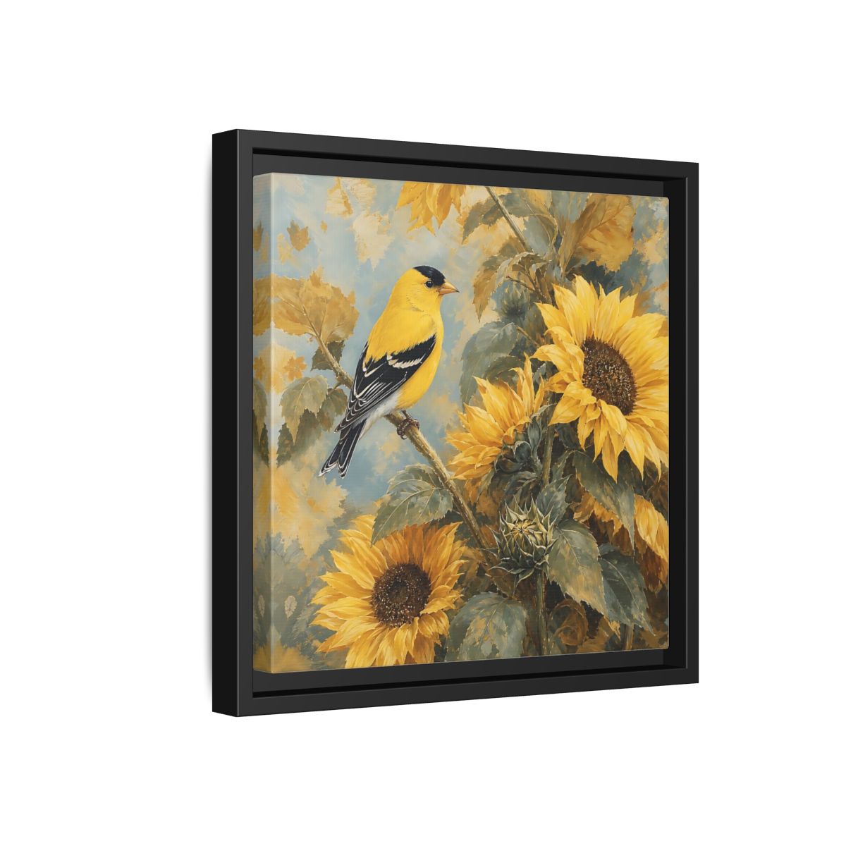 Side Mockup 18. Nature Goldfinch, Sunflowers Yellow Bird Sunflowers shown as stretched canvas wall art