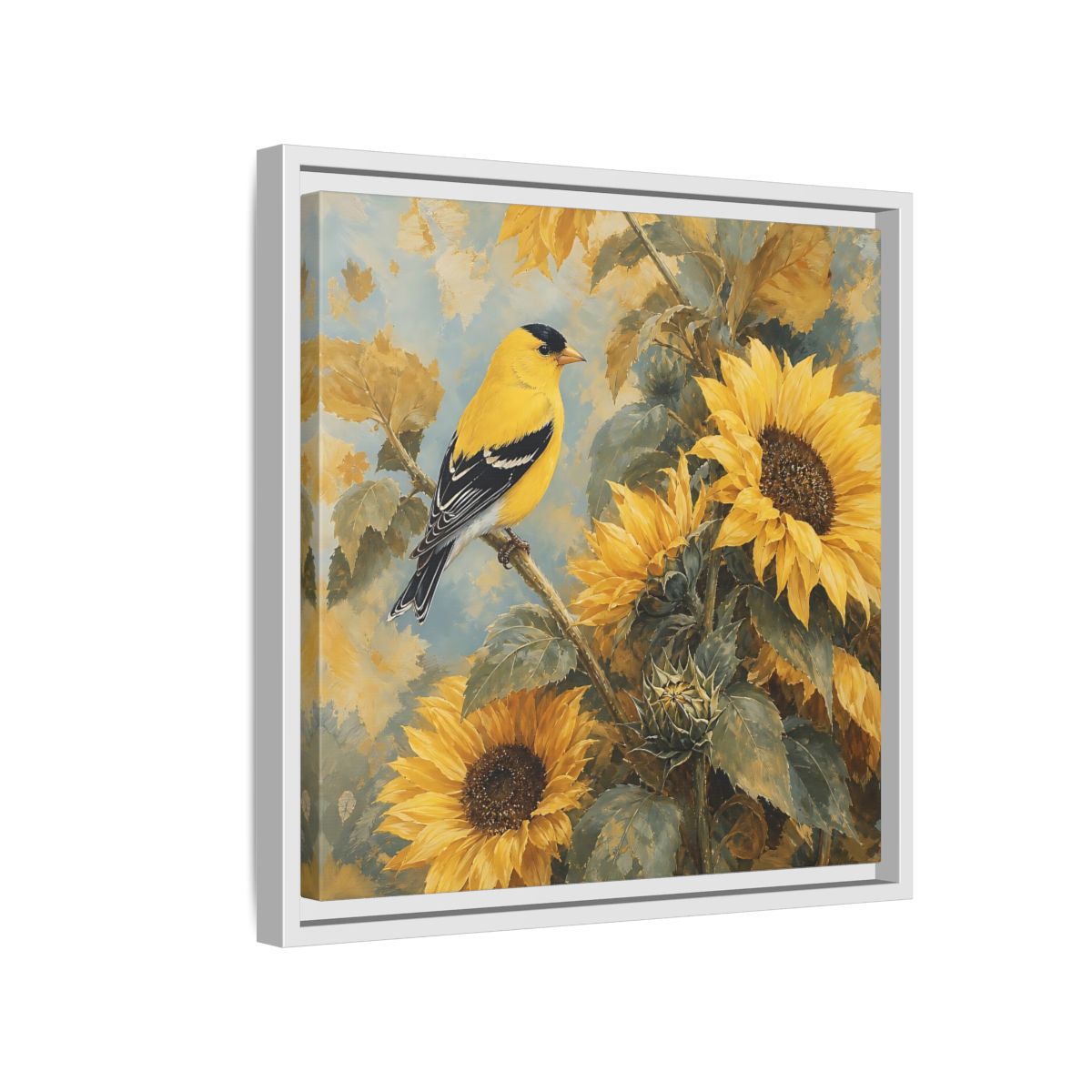 Side Mockup 13. Nature Goldfinch, Sunflowers Yellow Bird Sunflowers shown as stretched canvas wall art