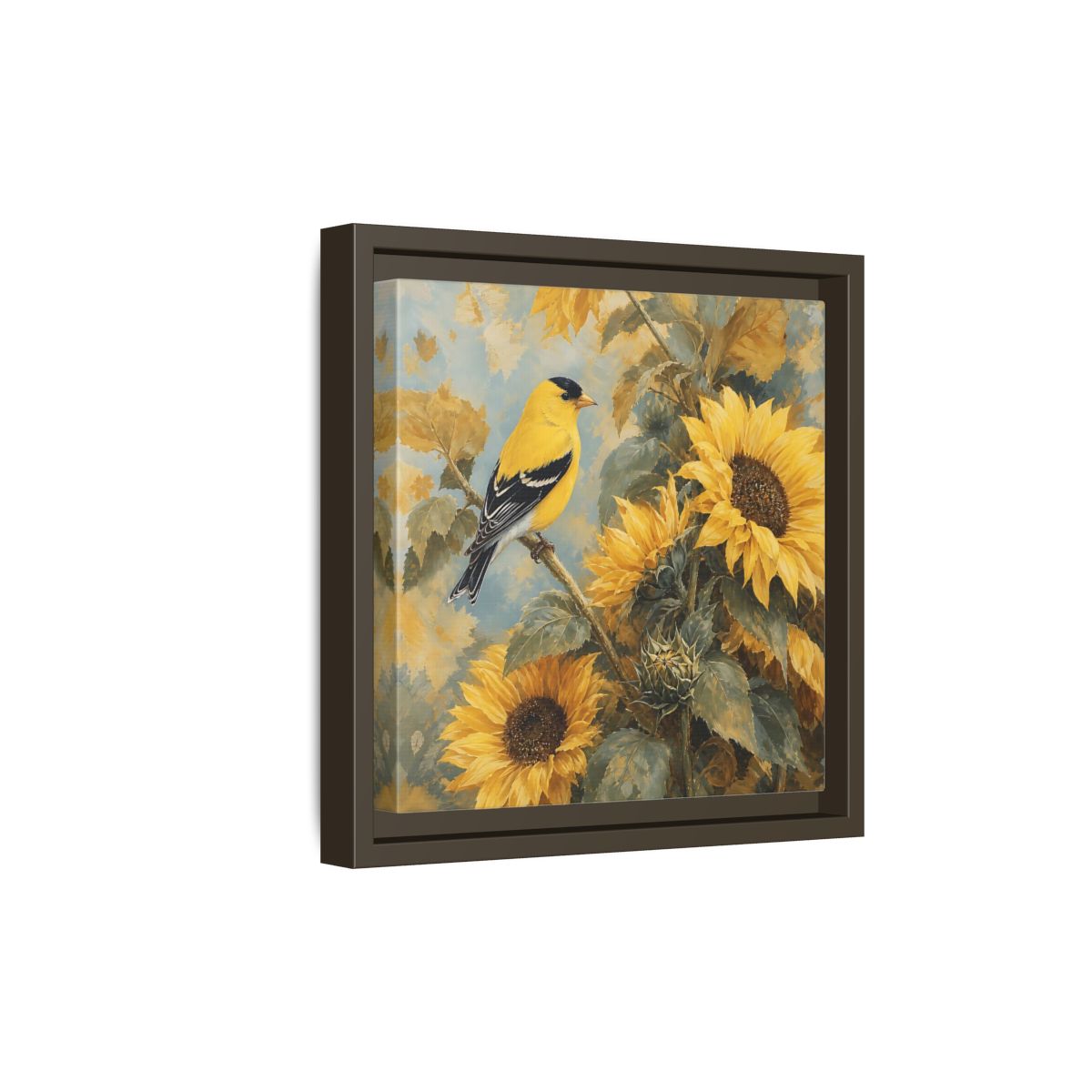 Side Mockup 20. Nature Goldfinch, Sunflowers Yellow Bird Sunflowers shown as stretched canvas wall art