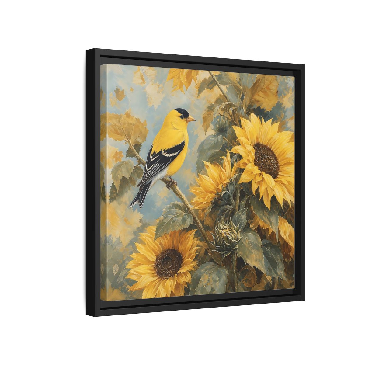 Side Mockup 15. Nature Goldfinch, Sunflowers Yellow Bird Sunflowers shown as stretched canvas wall art