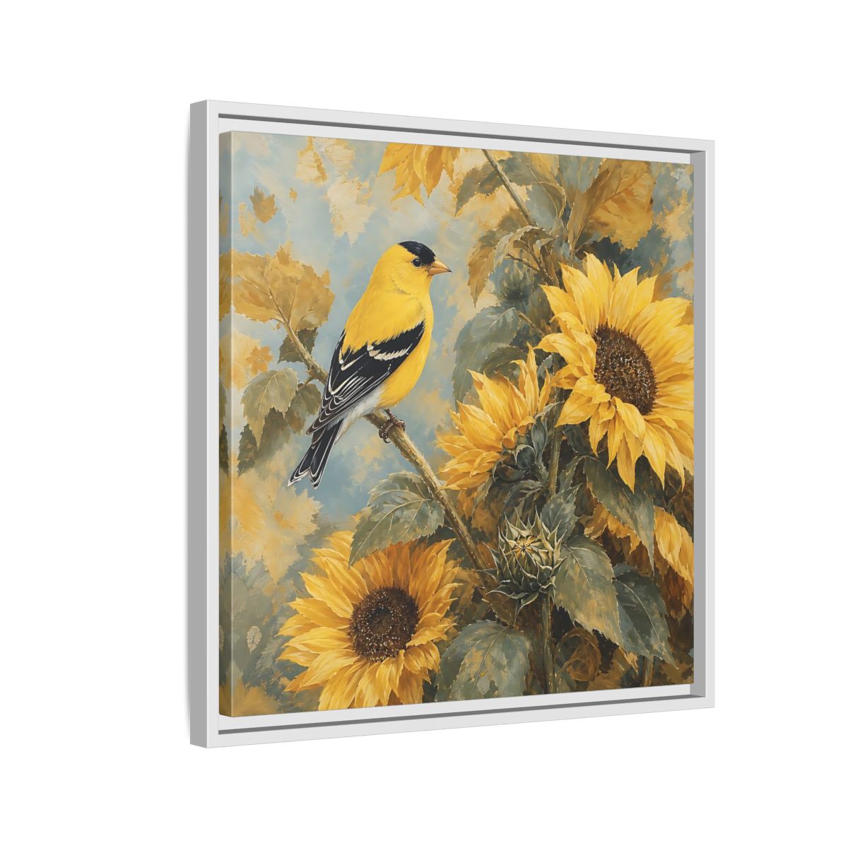 Side Mockup 10. Nature Goldfinch, Sunflowers Yellow Bird Sunflowers shown as stretched canvas wall art