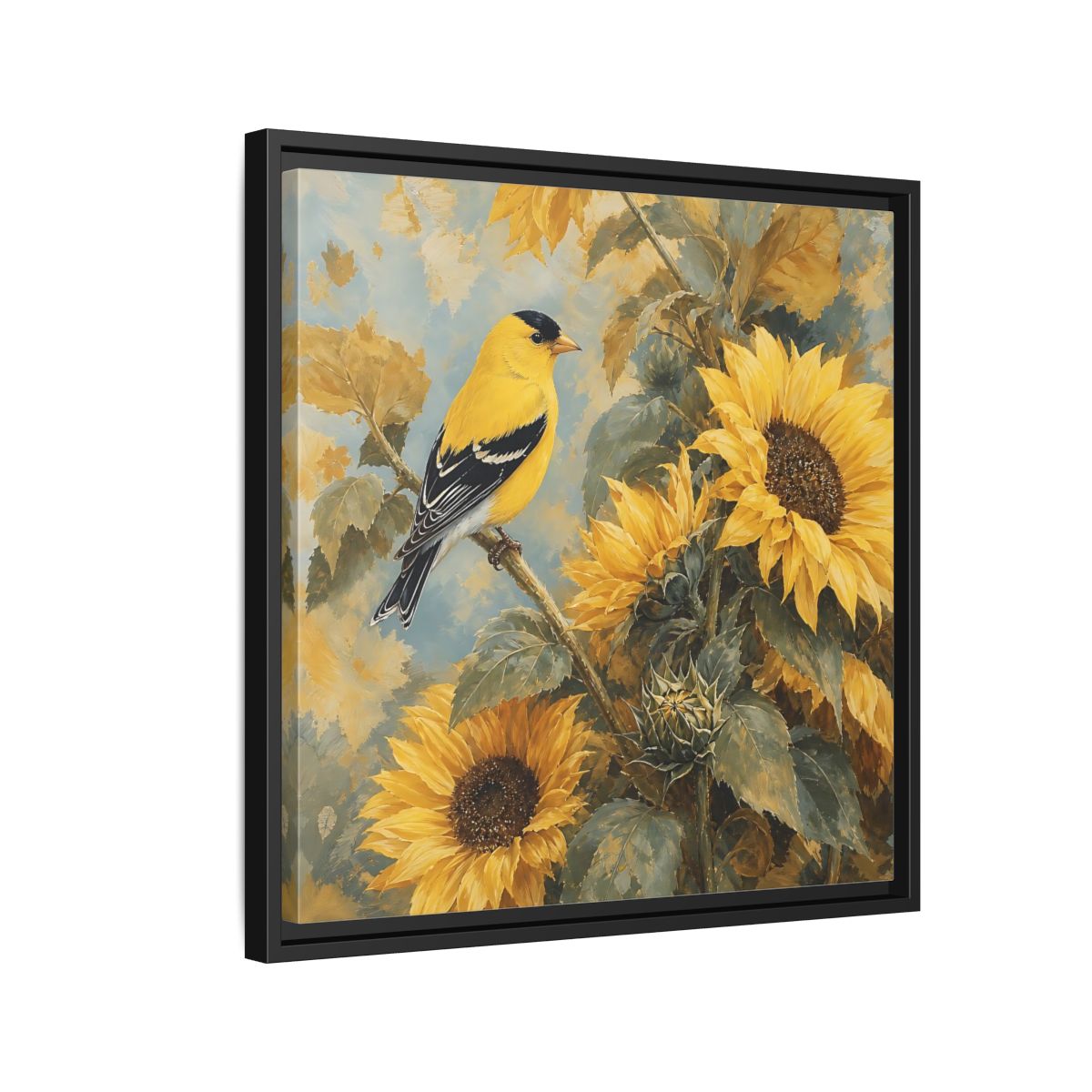 Side Mockup 12. Nature Goldfinch, Sunflowers Yellow Bird Sunflowers shown as stretched canvas wall art