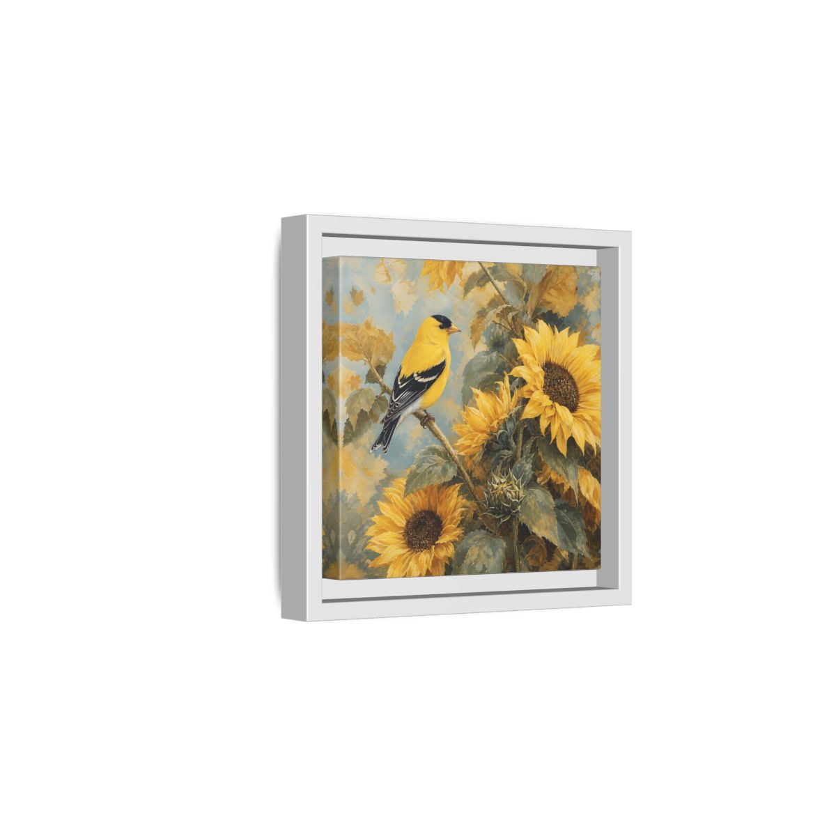 Side Mockup 1. Nature Goldfinch, Sunflowers Yellow Bird Sunflowers shown as stretched canvas wall art