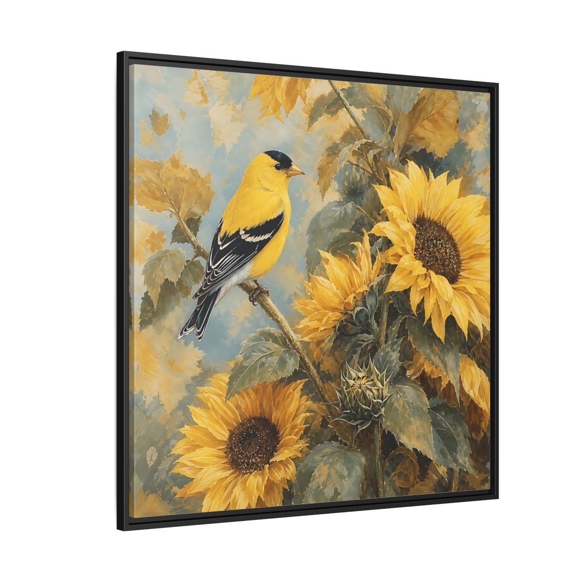 Side Mockup 6. Nature Goldfinch, Sunflowers Yellow Bird Sunflowers shown as stretched canvas wall art