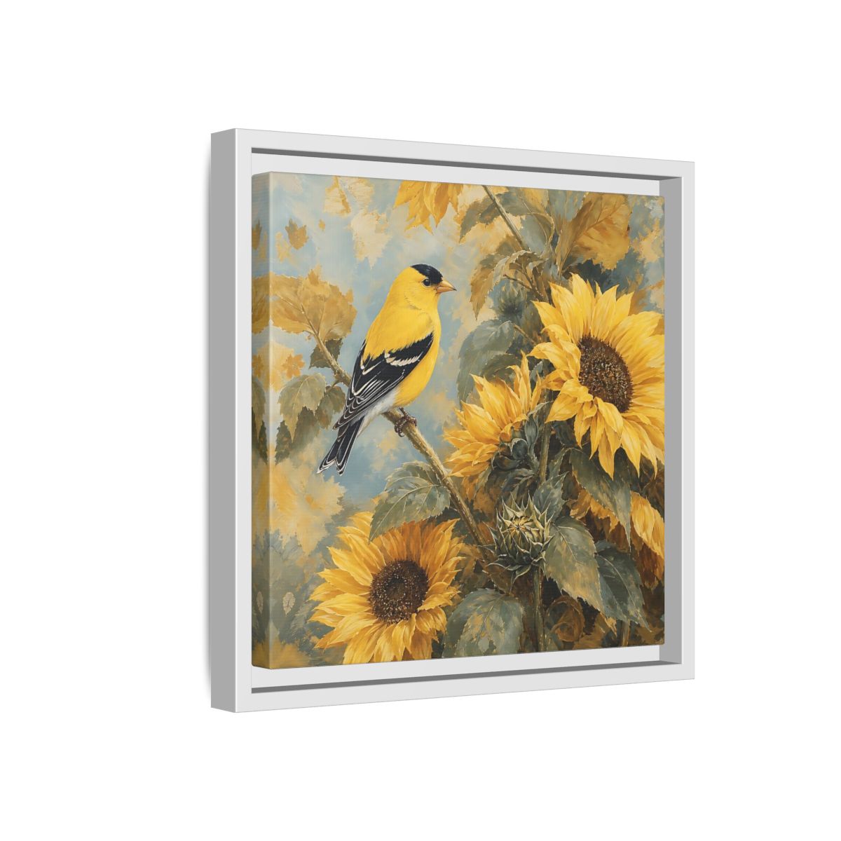 Side Mockup 16. Nature Goldfinch, Sunflowers Yellow Bird Sunflowers shown as stretched canvas wall art