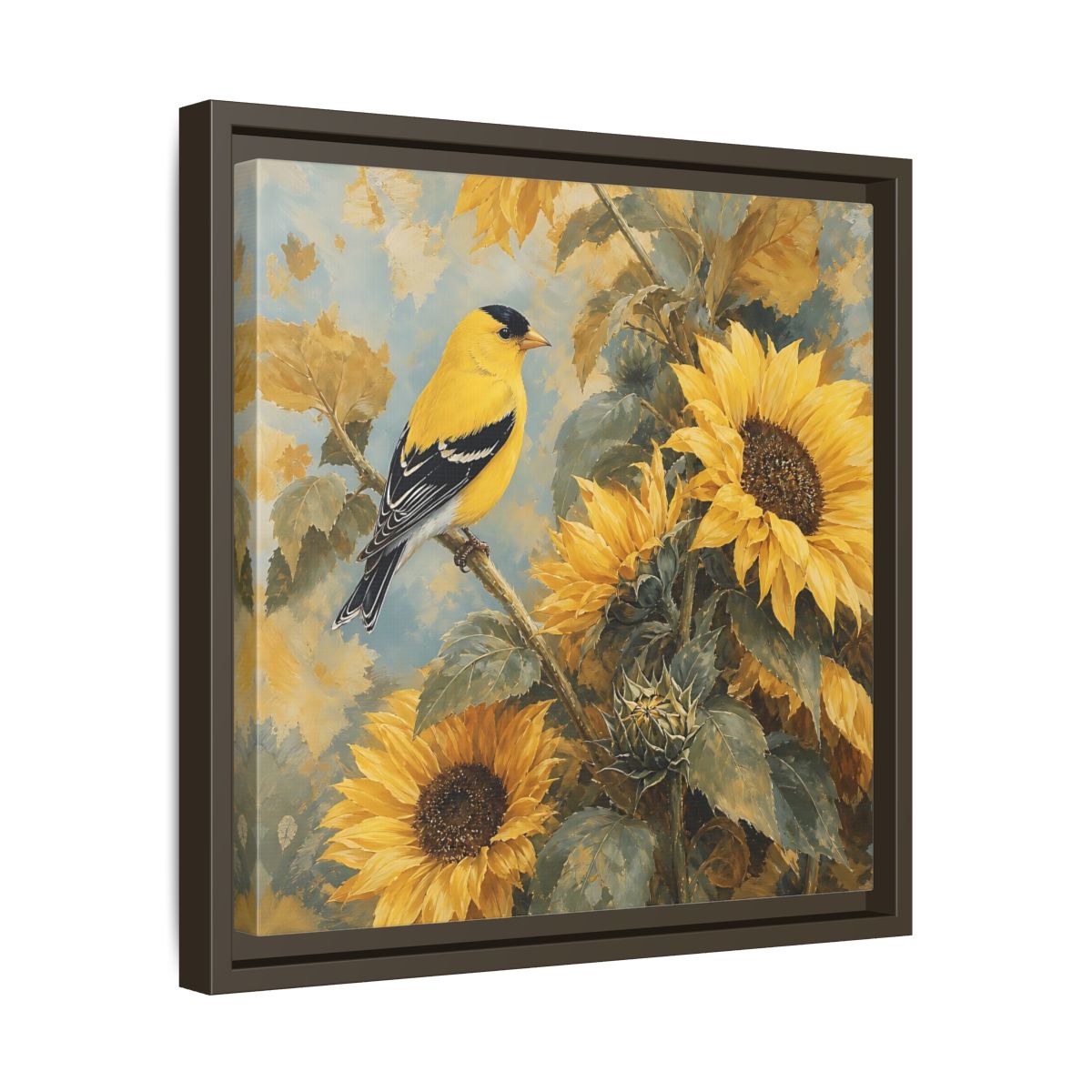 Side Mockup 29. Nature Goldfinch, Sunflowers Yellow Bird Sunflowers shown as stretched canvas wall art