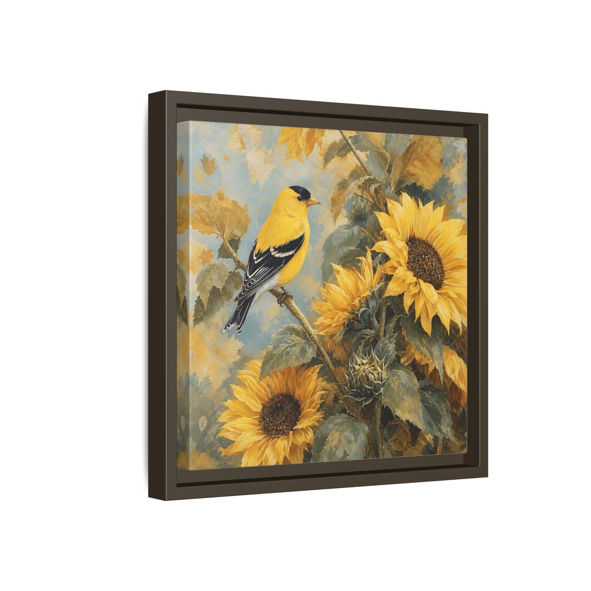 Side Mockup 17. Nature Goldfinch, Sunflowers Yellow Bird Sunflowers shown as stretched canvas wall art