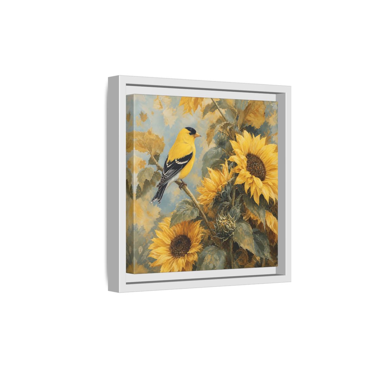 Side Mockup 19. Nature Goldfinch, Sunflowers Yellow Bird Sunflowers shown as stretched canvas wall art