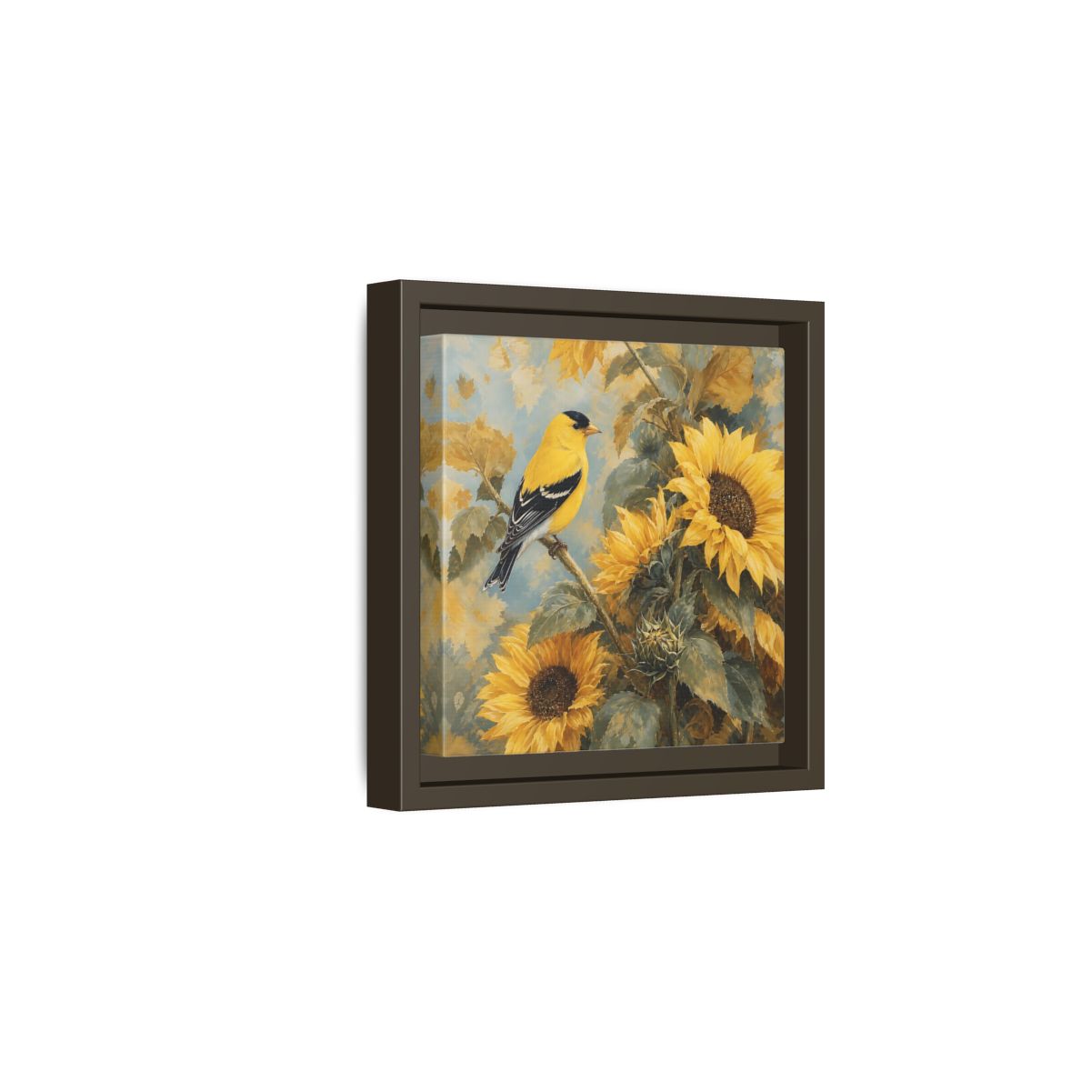 Side Mockup 2. Nature Goldfinch, Sunflowers Yellow Bird Sunflowers shown as stretched canvas wall art