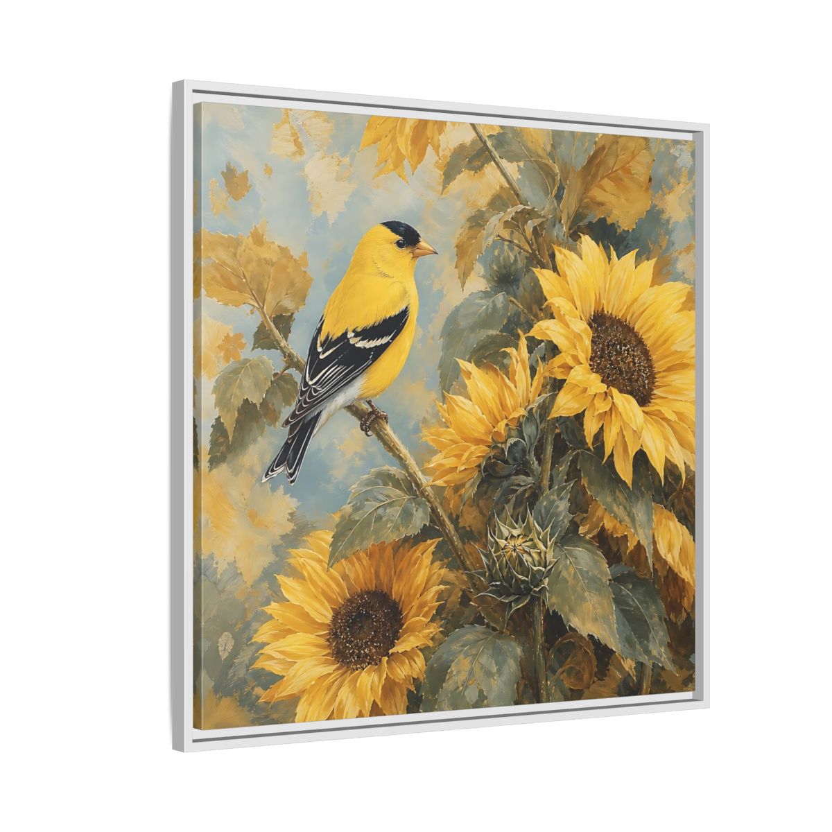 Side Mockup 7. Nature Goldfinch, Sunflowers Yellow Bird Sunflowers shown as stretched canvas wall art