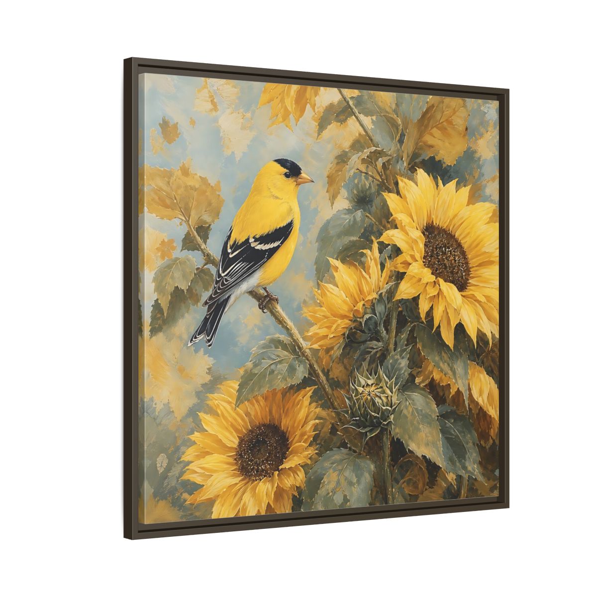 Side Mockup 8. Nature Goldfinch, Sunflowers Yellow Bird Sunflowers shown as stretched canvas wall art