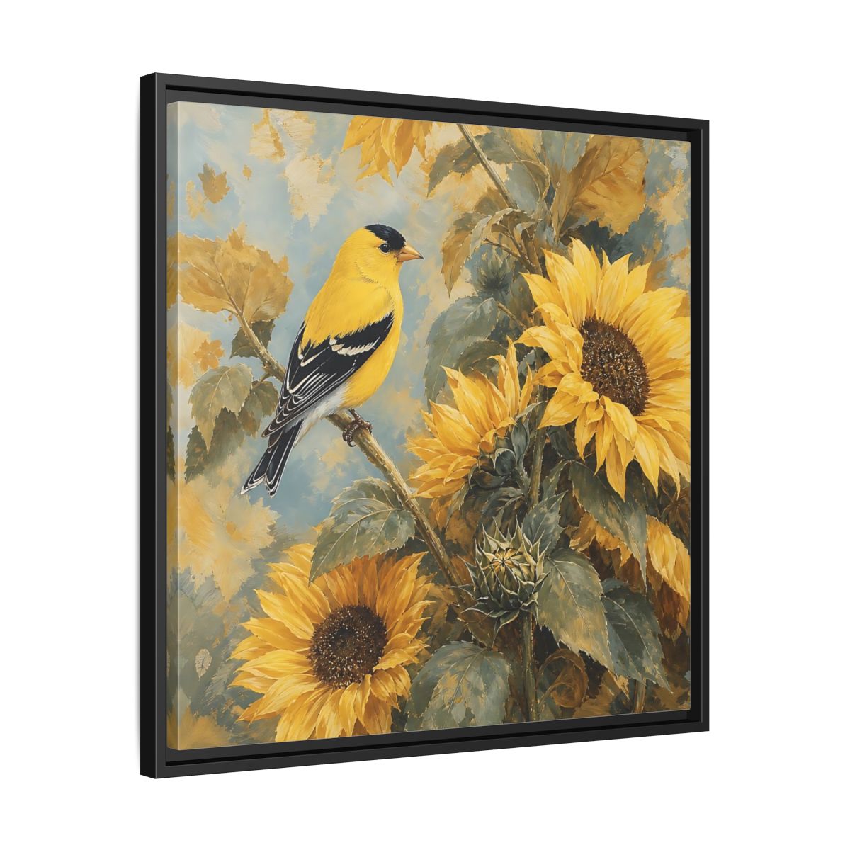 Side Mockup 31. Nature Goldfinch, Sunflowers Yellow Bird Sunflowers shown as stretched canvas wall art
