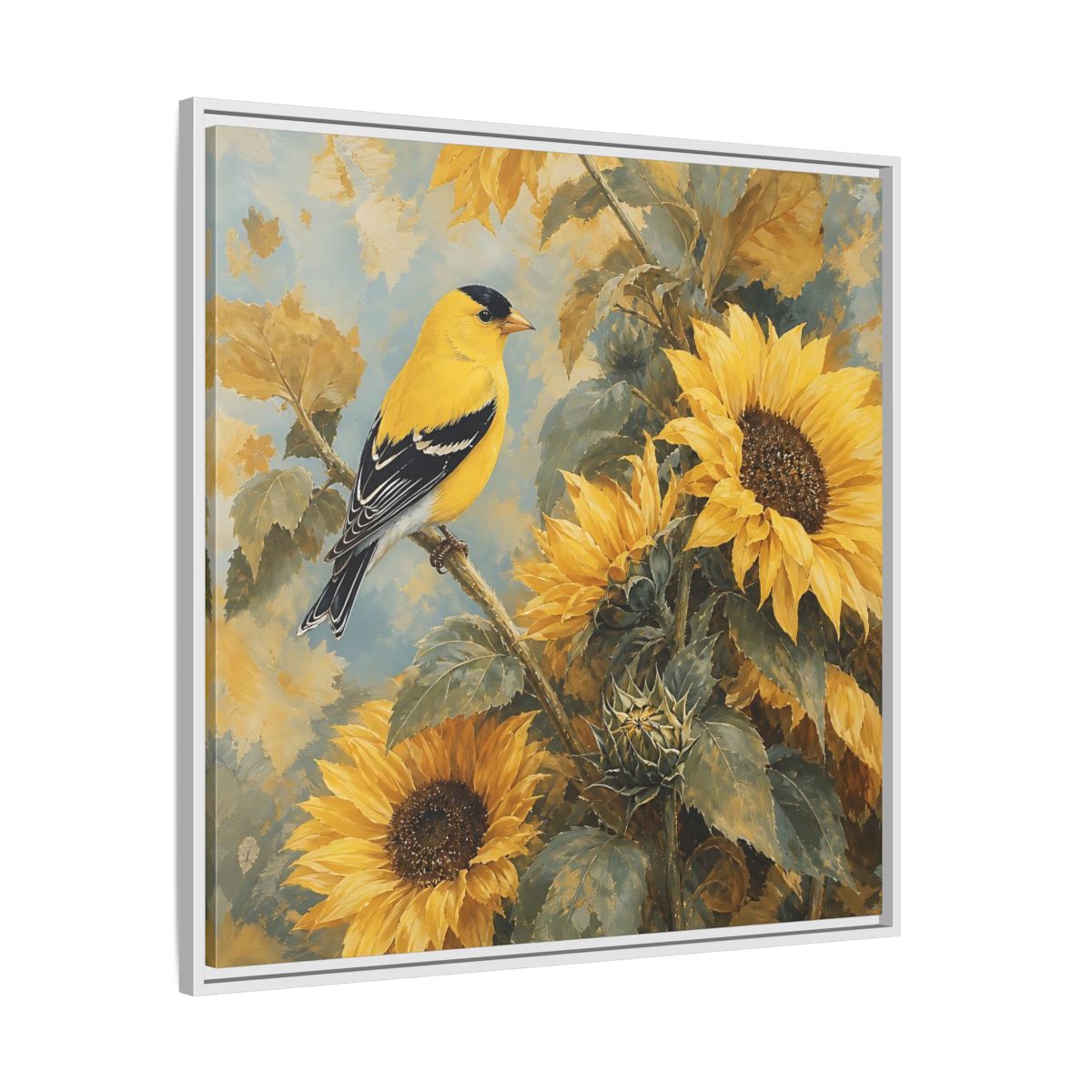 Side Mockup 25. Nature Goldfinch, Sunflowers Yellow Bird Sunflowers shown as stretched canvas wall art
