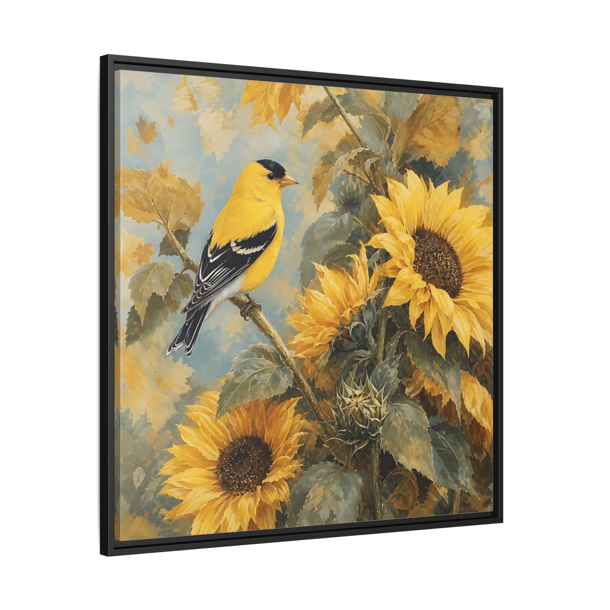Side Mockup 30. Nature Goldfinch, Sunflowers Yellow Bird Sunflowers shown as stretched canvas wall art