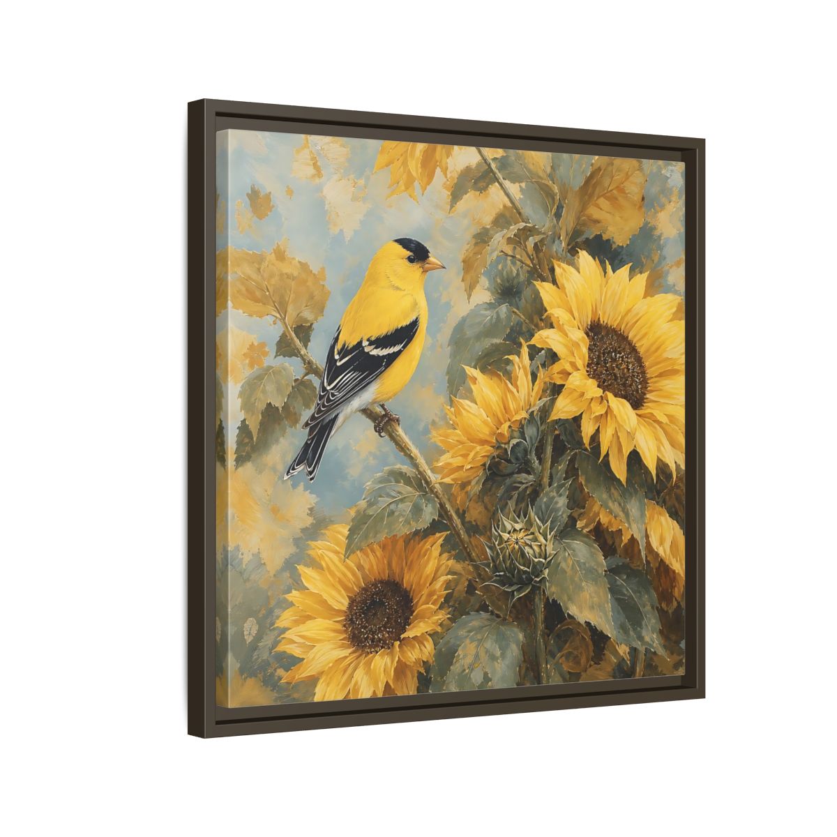 Side Mockup 11. Nature Goldfinch, Sunflowers Yellow Bird Sunflowers shown as stretched canvas wall art