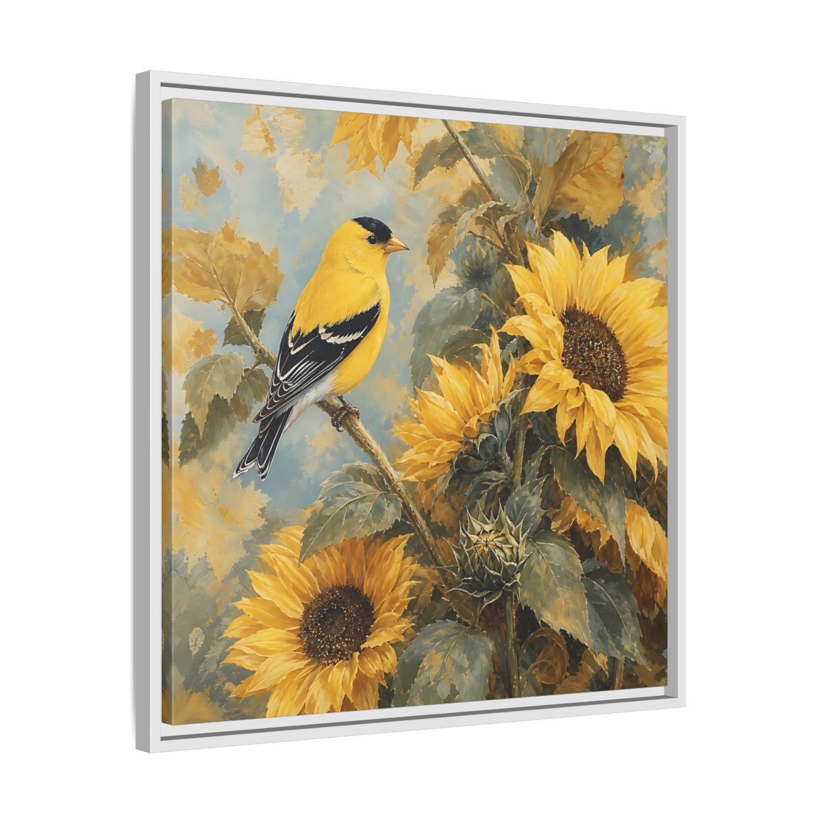 Side Mockup 26. Nature Goldfinch, Sunflowers Yellow Bird Sunflowers shown as stretched canvas wall art