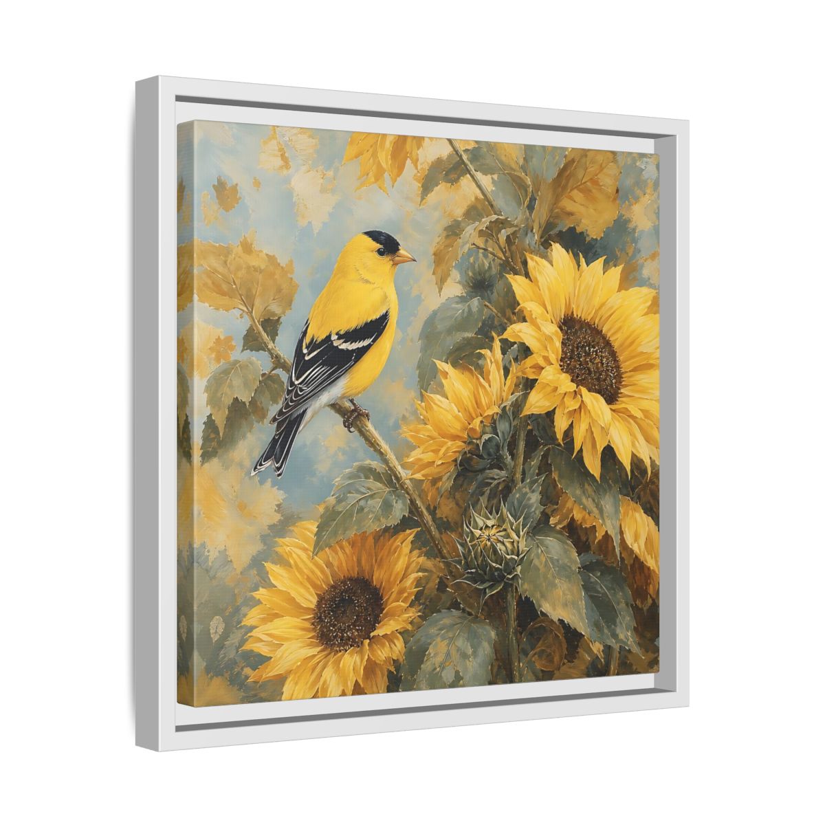 Side Mockup 28. Nature Goldfinch, Sunflowers Yellow Bird Sunflowers shown as stretched canvas wall art