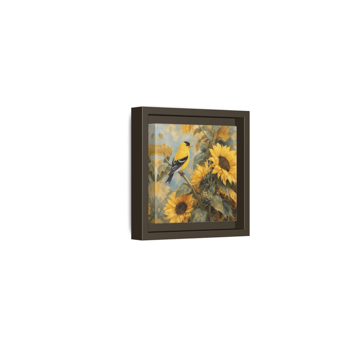Side Mockup 23. Nature Goldfinch, Sunflowers Yellow Bird Sunflowers shown as stretched canvas wall art