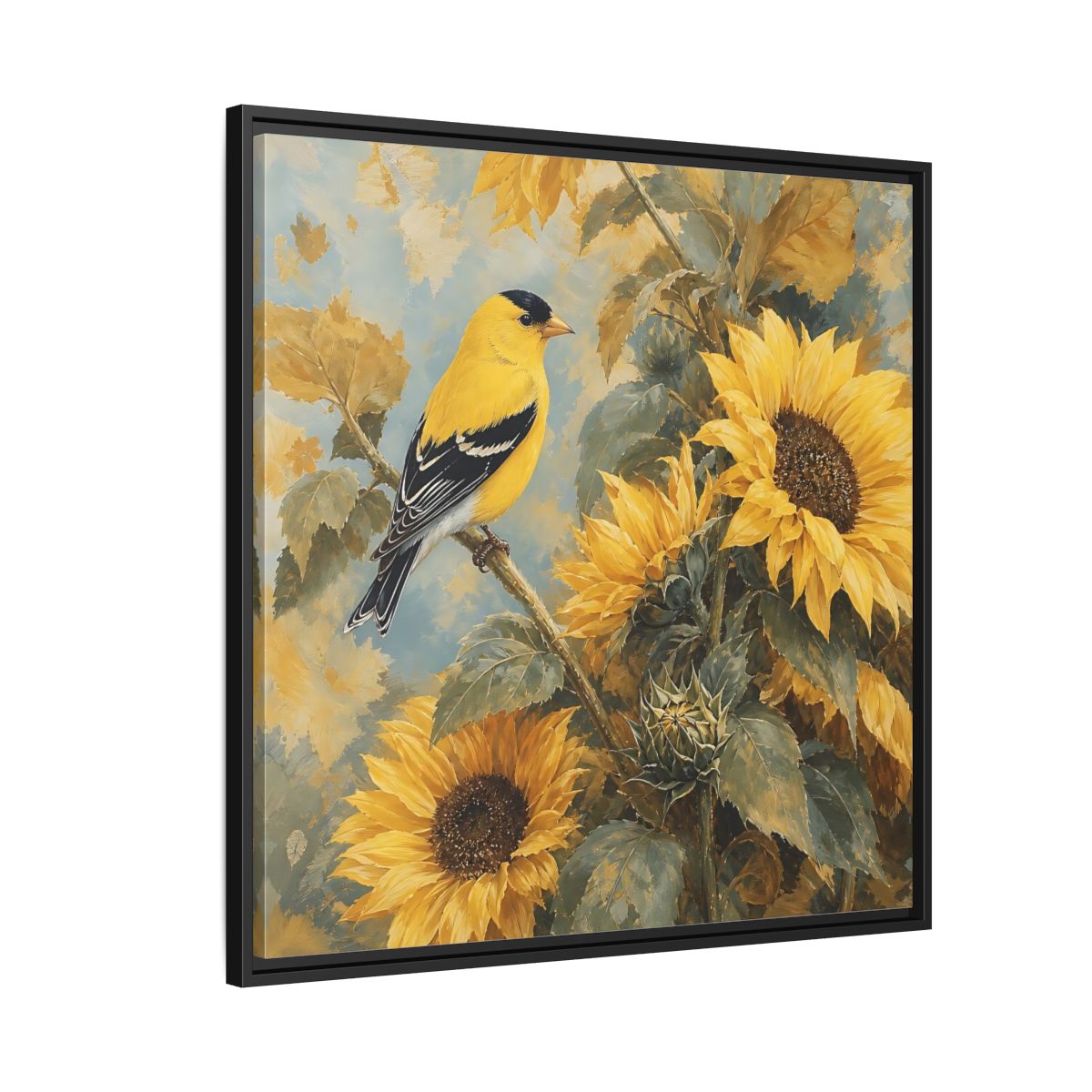 Side Mockup 9. Nature Goldfinch, Sunflowers Yellow Bird Sunflowers shown as stretched canvas wall art