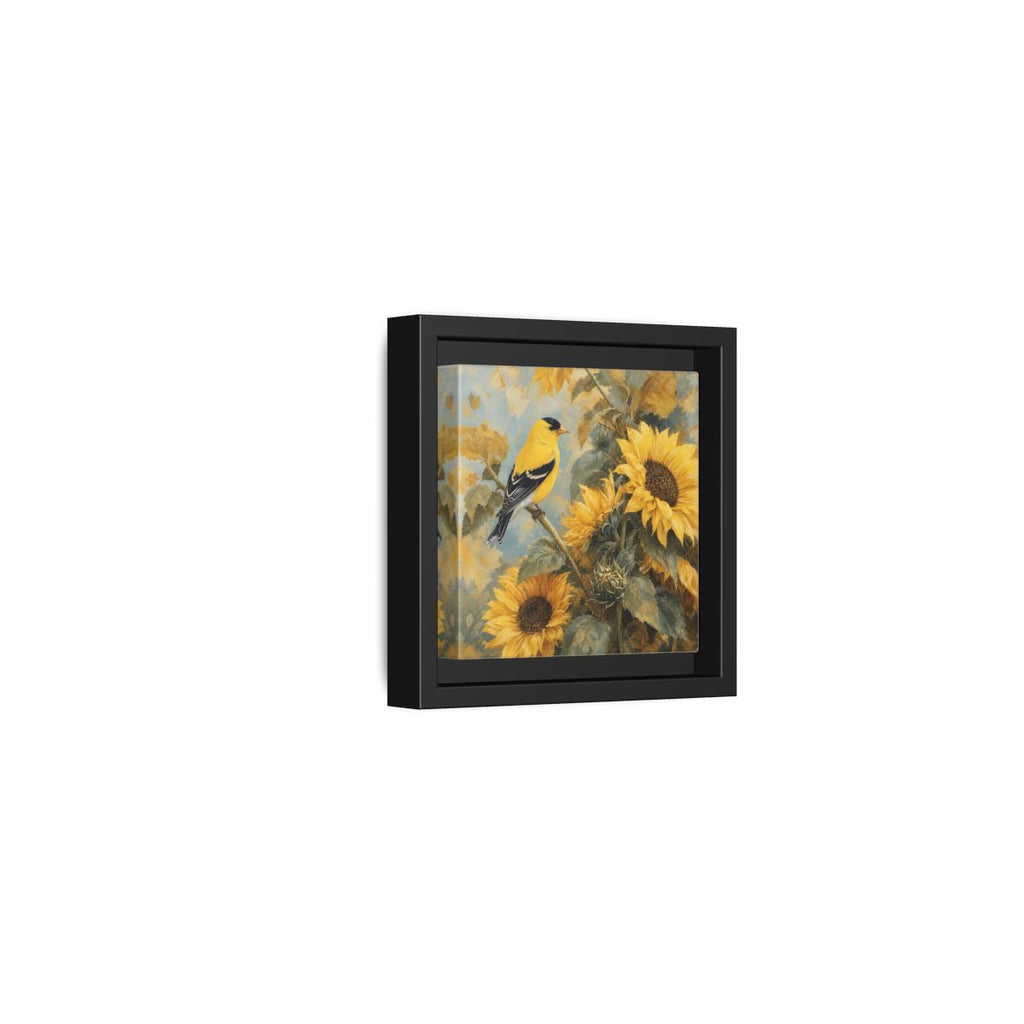 Side Mockup 24. Nature Goldfinch, Sunflowers Yellow Bird Sunflowers shown as stretched canvas wall art