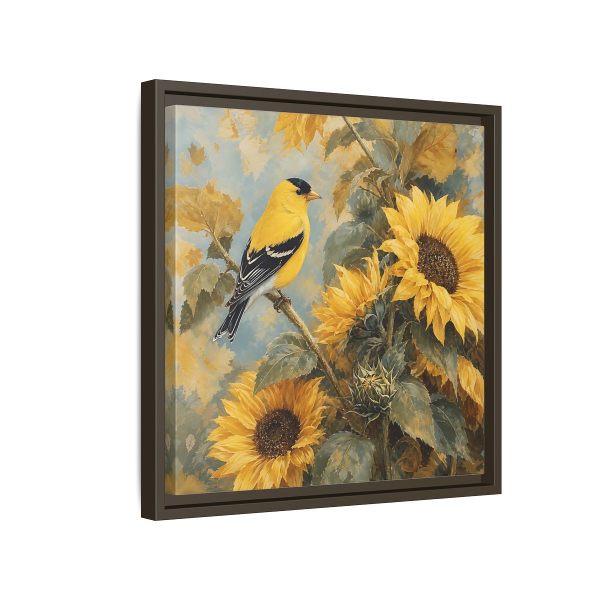 Side Mockup 14. Nature Goldfinch, Sunflowers Yellow Bird Sunflowers shown as stretched canvas wall art