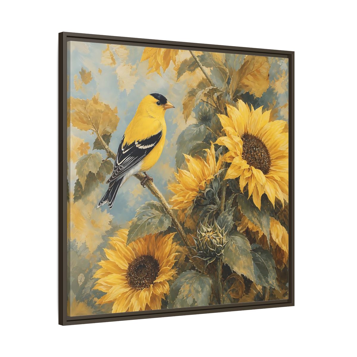 Main Mockup. Nature Goldfinch, Sunflowers Yellow Bird Sunflowers shown as stretched canvas wall art