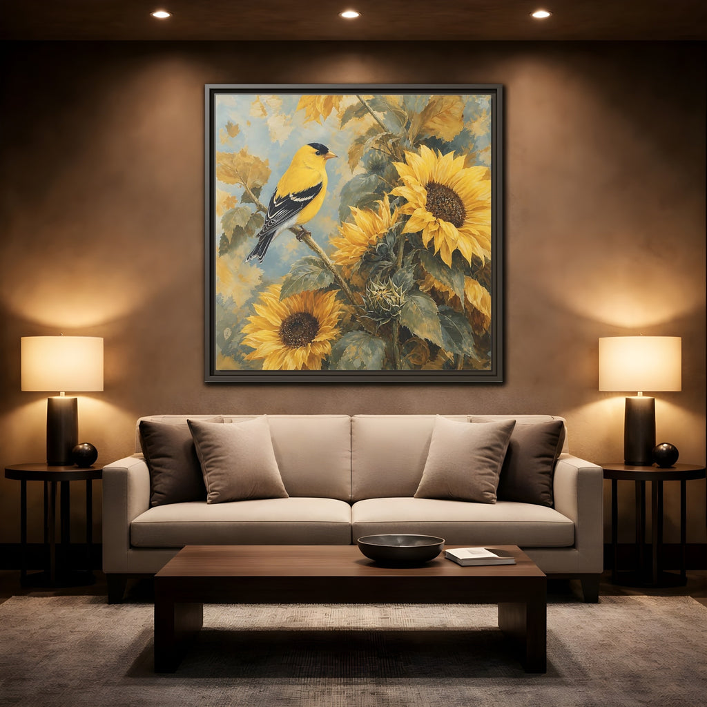 Mockup 2. Nature Goldfinch, Sunflowers Yellow Bird Sunflowers shown as stretched canvas wall art