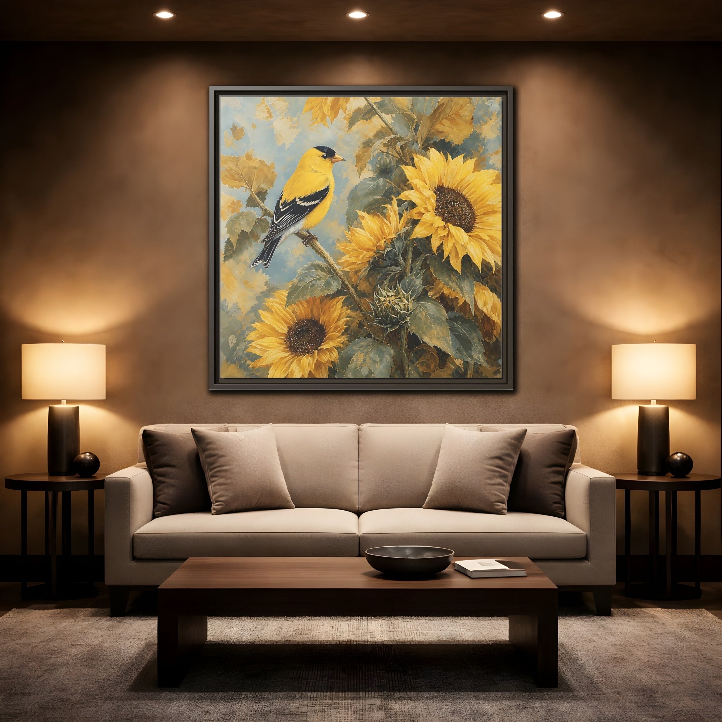 Mockup 2. Nature Goldfinch, Sunflowers Yellow Bird Sunflowers shown as stretched canvas wall art