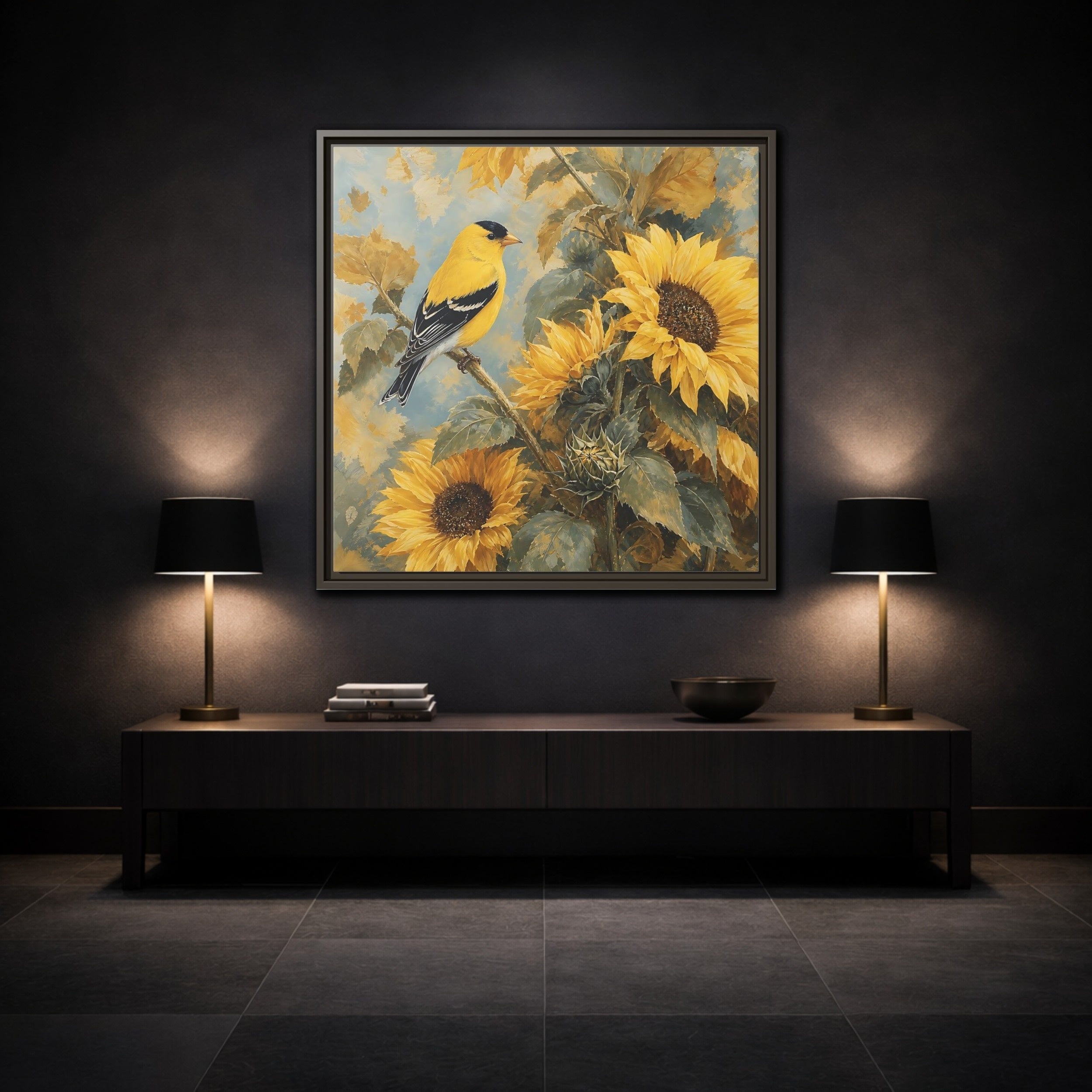 Mockup 3. Nature Goldfinch, Sunflowers Yellow Bird Sunflowers shown as stretched canvas wall art