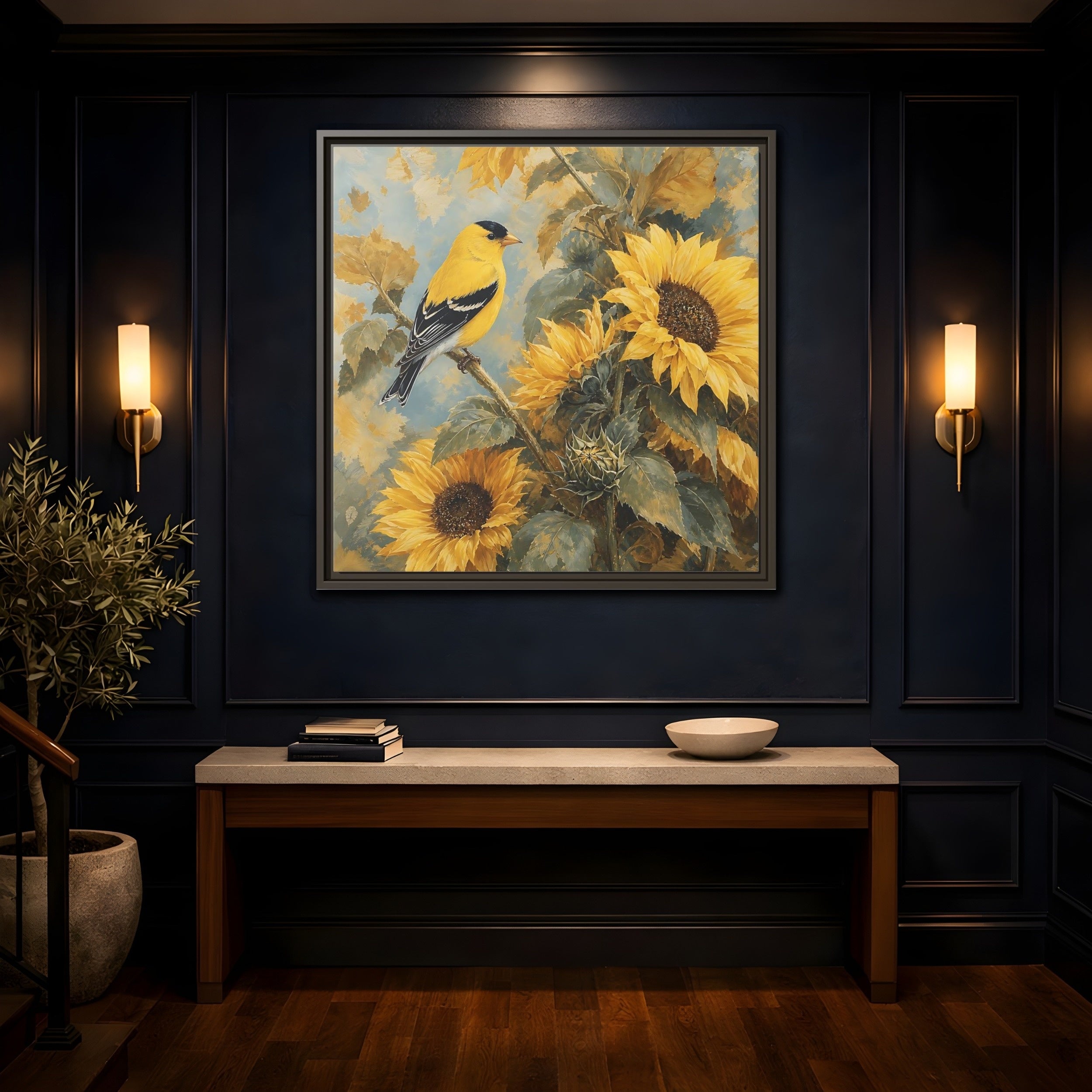 Mockup 4. Nature Goldfinch, Sunflowers Yellow Bird Sunflowers shown as stretched canvas wall art