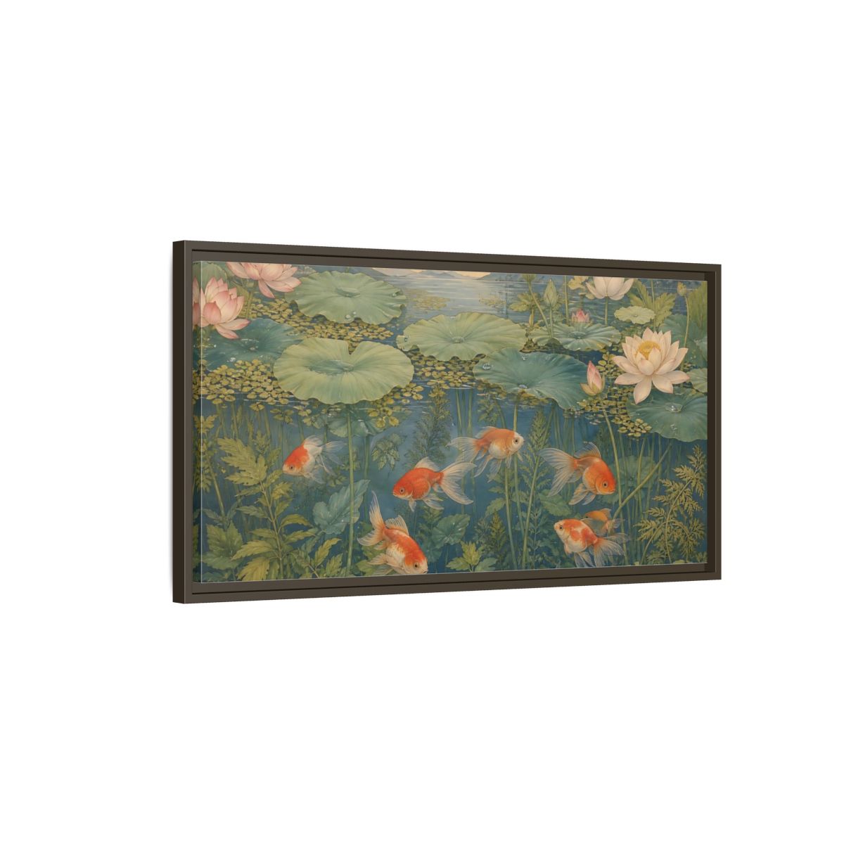 Main Mockup. Nature Goldfish Green And Orange shown as stretched canvas wall art