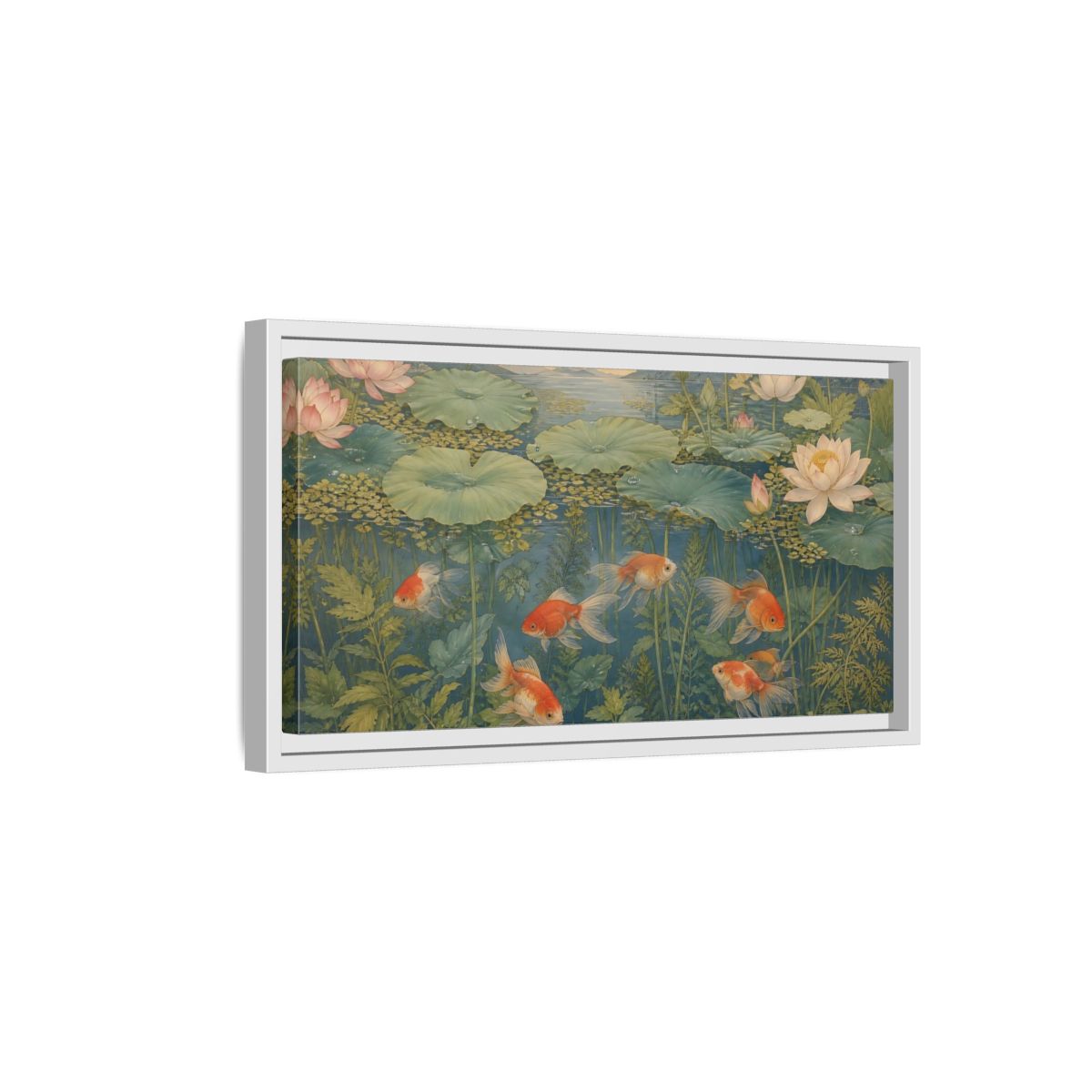 Side Mockup 6. Nature Goldfish Green And Orange shown as stretched canvas wall art