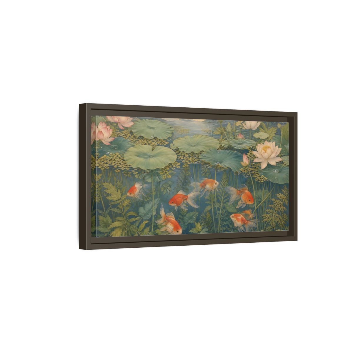 Side Mockup 7. Nature Goldfish Green And Orange shown as stretched canvas wall art