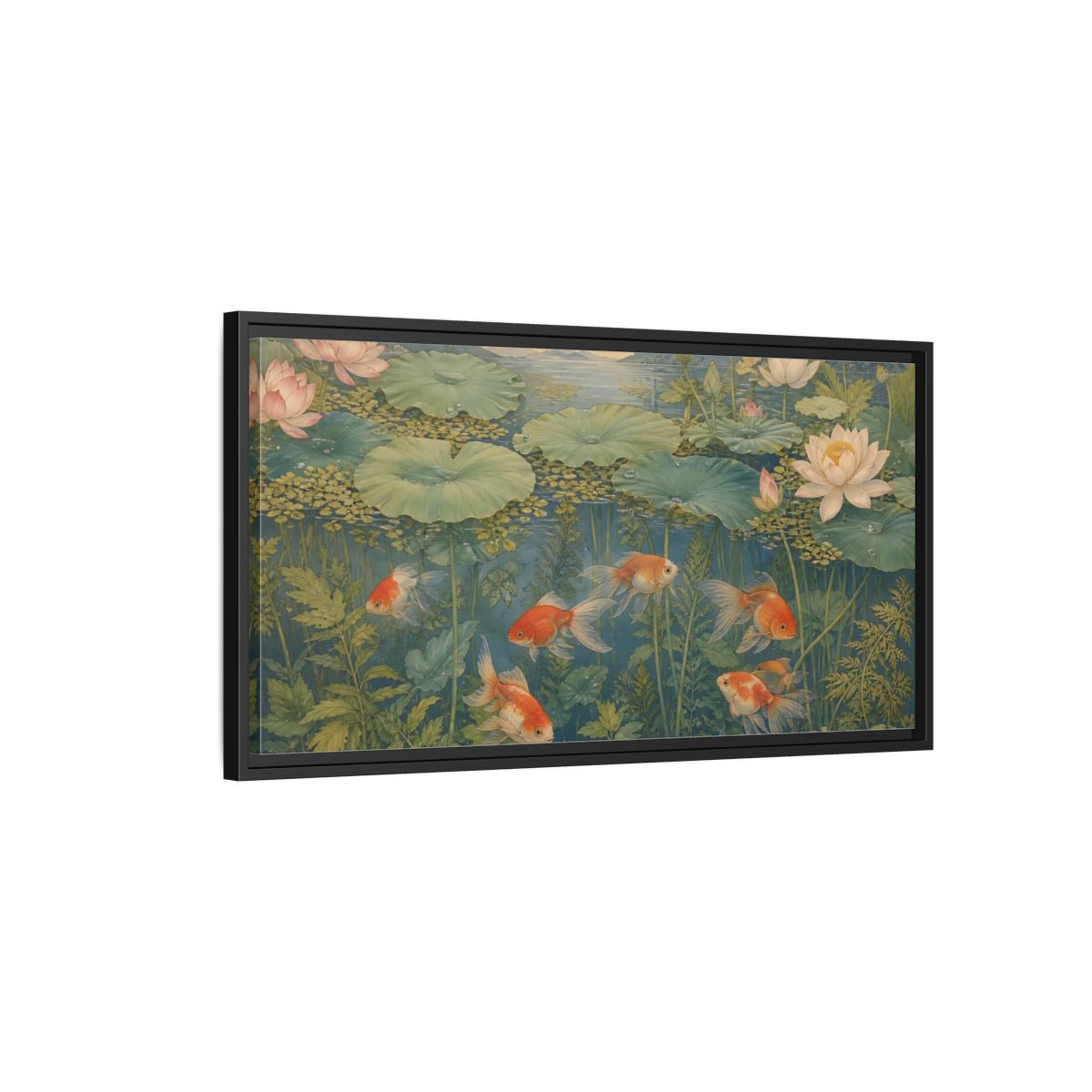 Side Mockup 2. Nature Goldfish Green And Orange shown as stretched canvas wall art