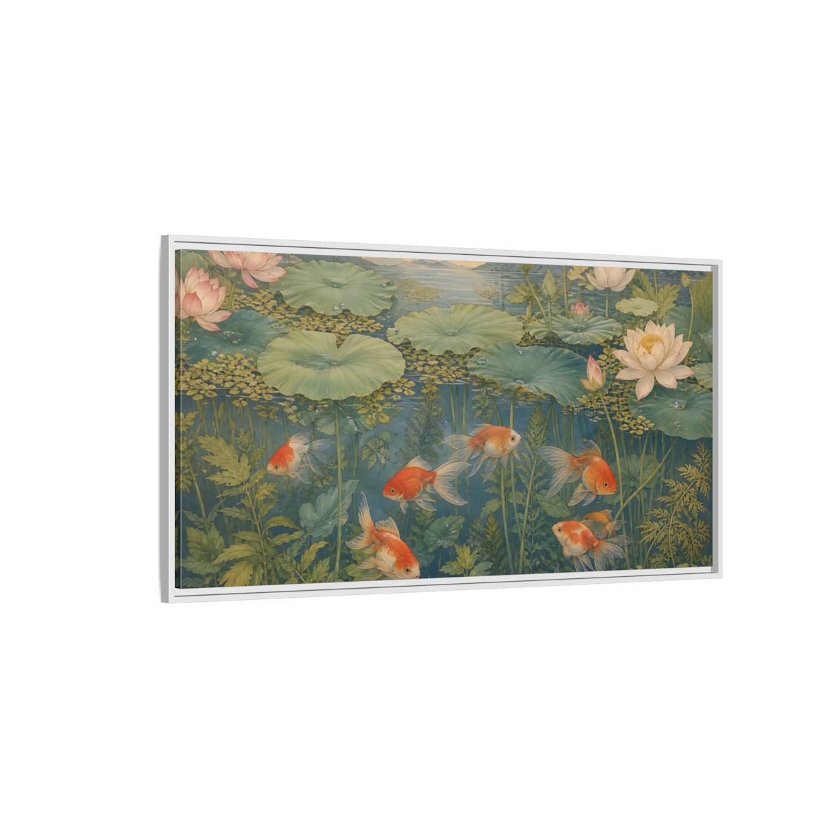 Side Mockup 3. Nature Goldfish Green And Orange shown as stretched canvas wall art
