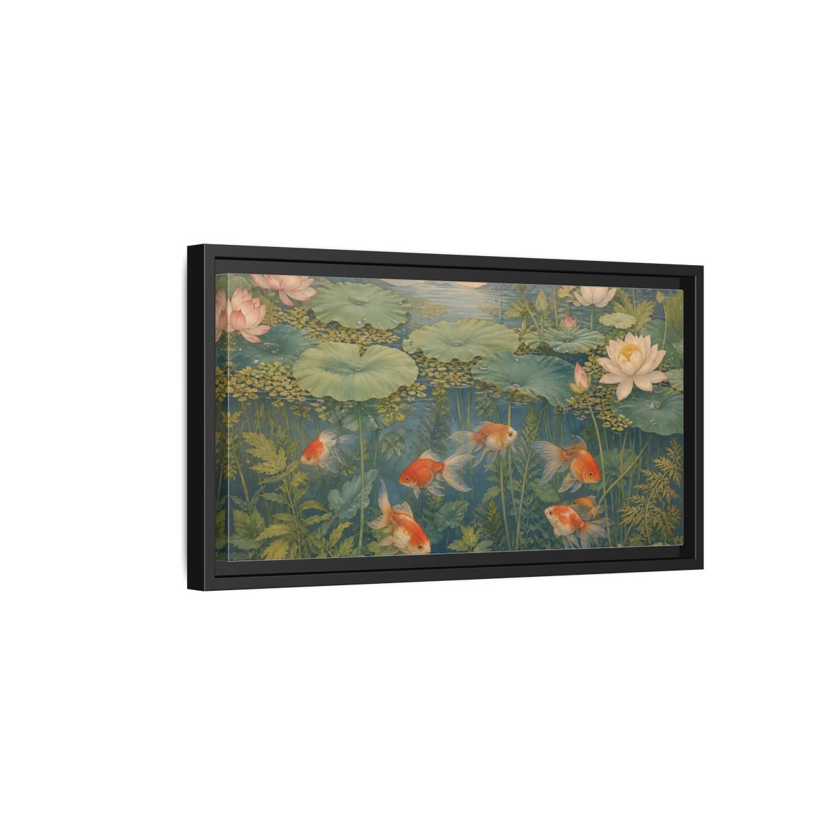 Side Mockup 8. Nature Goldfish Green And Orange shown as stretched canvas wall art