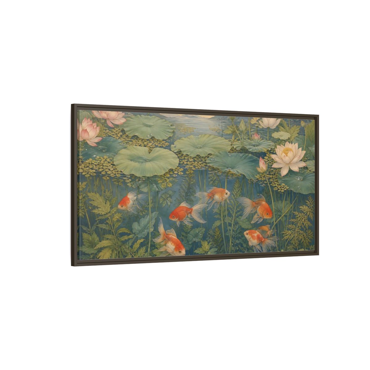 Side Mockup 4. Nature Goldfish Green And Orange shown as stretched canvas wall art