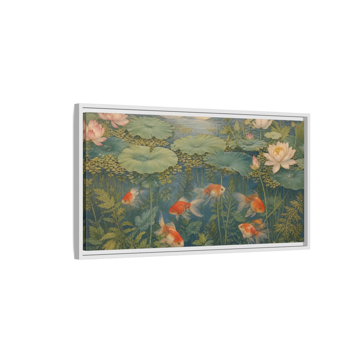 Side Mockup 1. Nature Goldfish Green And Orange shown as stretched canvas wall art