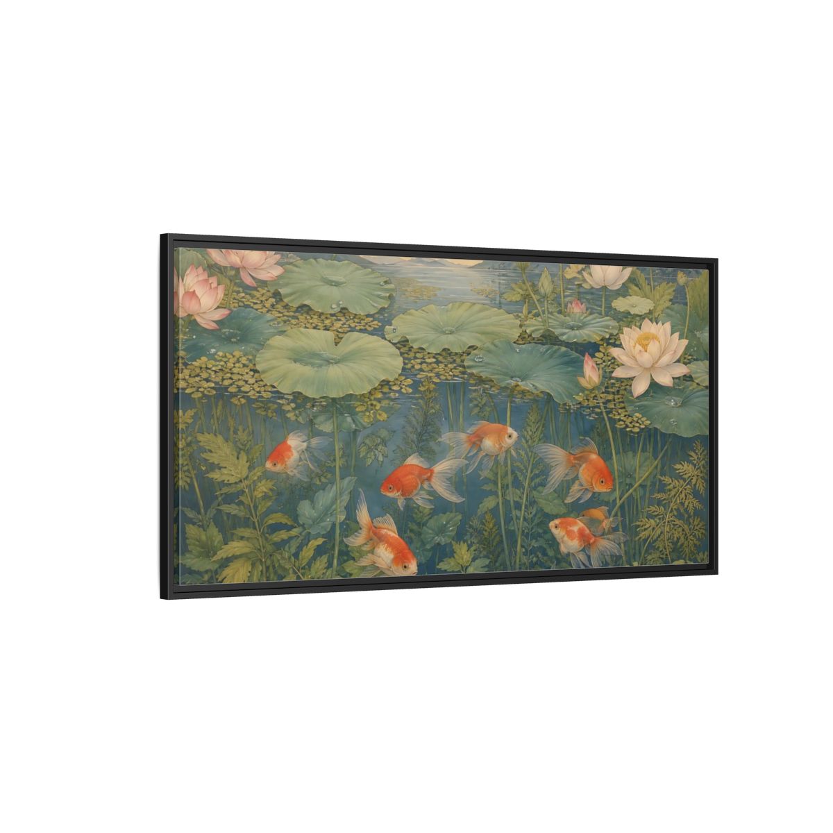 Side Mockup 5. Nature Goldfish Green And Orange shown as stretched canvas wall art
