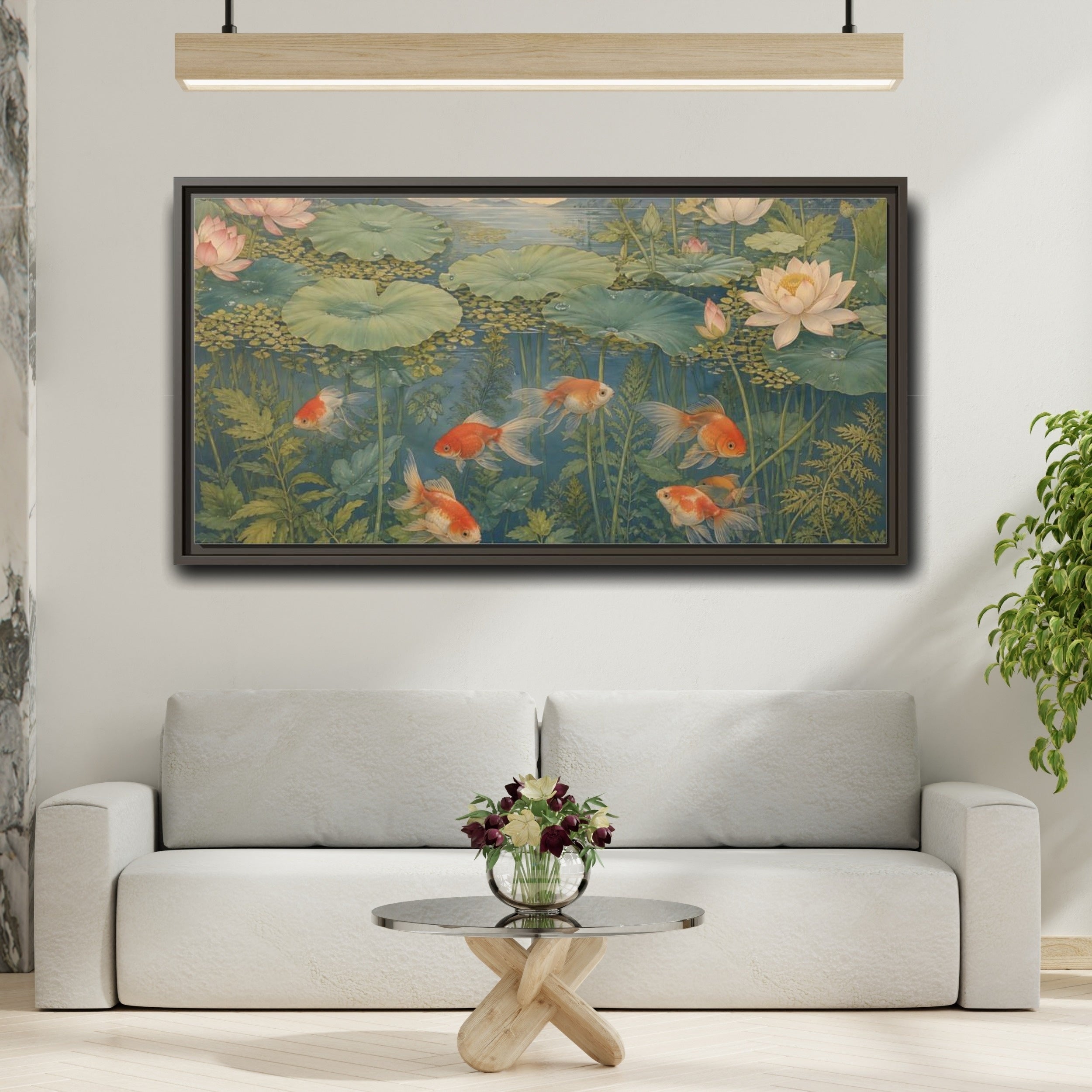 Mockup 2. Nature Goldfish Green And Orange shown as stretched canvas wall art