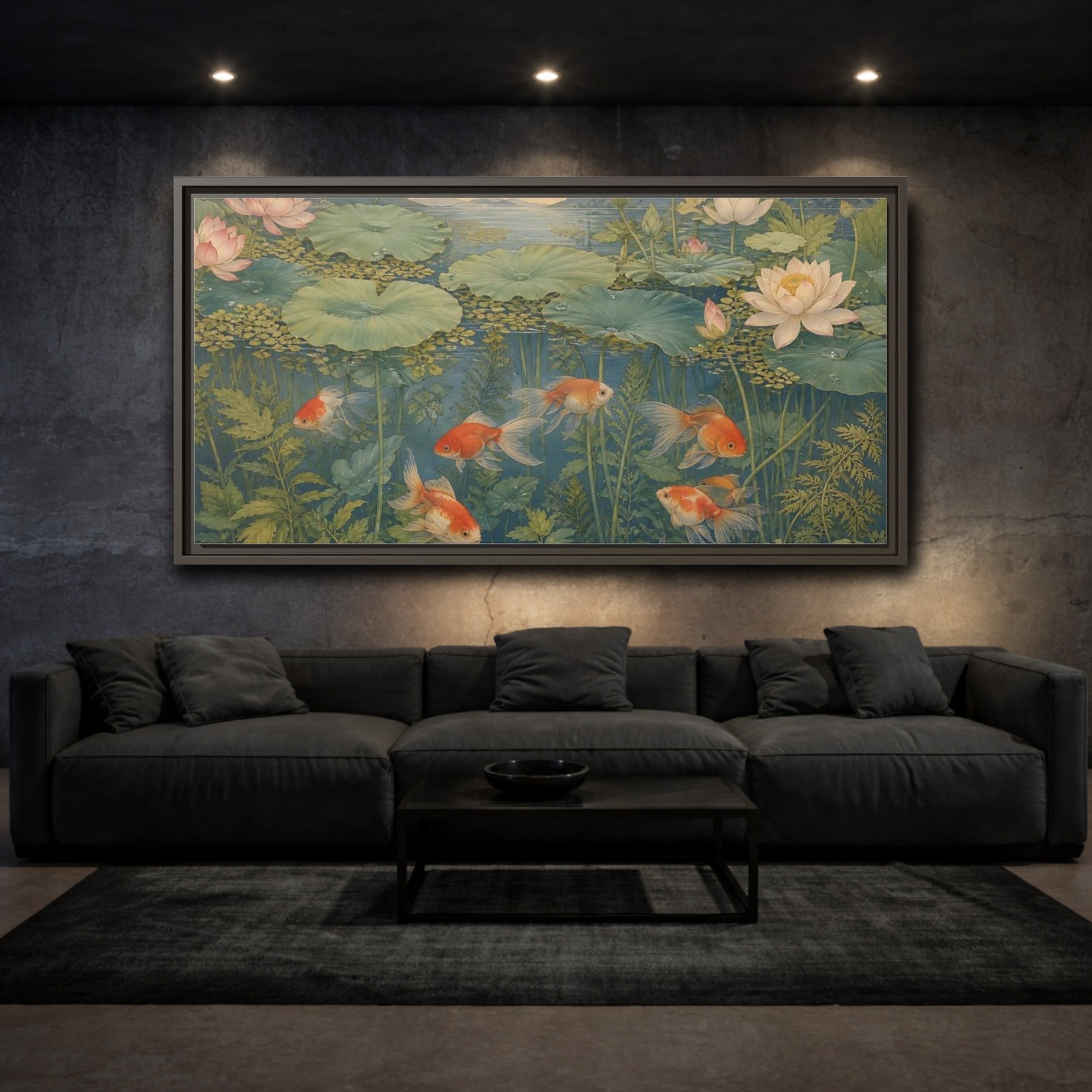 Mockup 3. Nature Goldfish Green And Orange shown as stretched canvas wall art