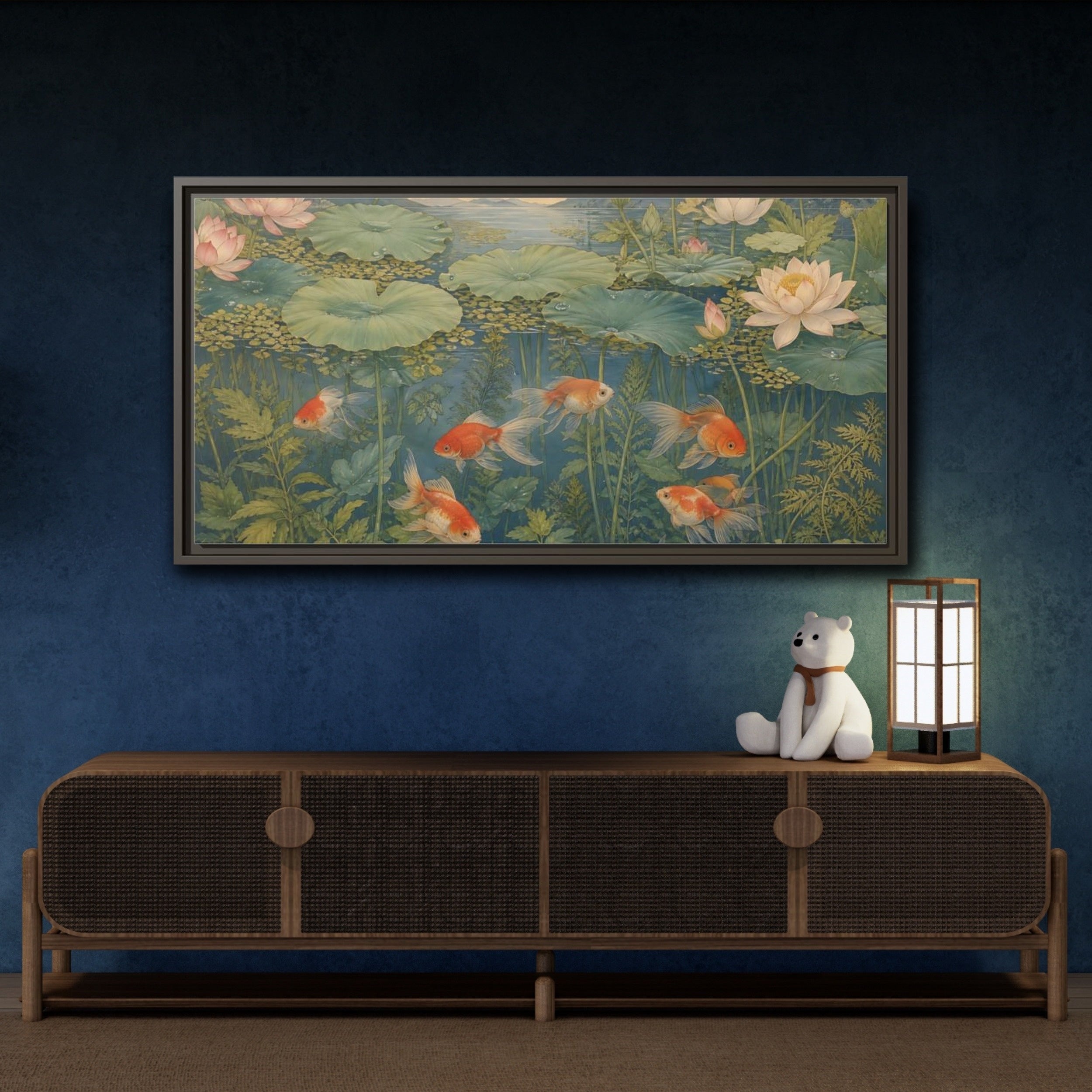 Mockup 4. Nature Goldfish Green And Orange shown as stretched canvas wall art