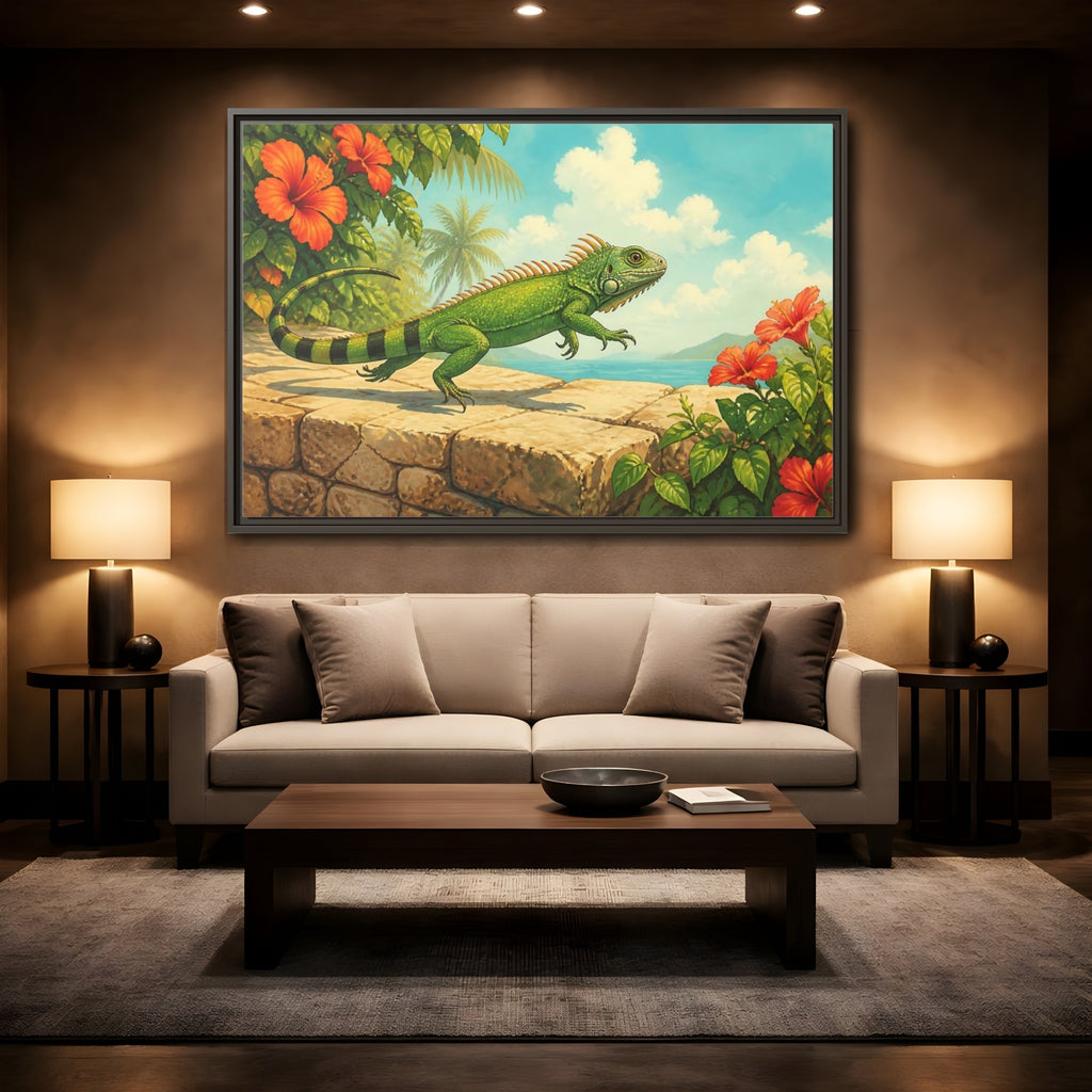 Mockup 2. Nature Green Iguana Green Tropical Iguana shown as stretched canvas wall art