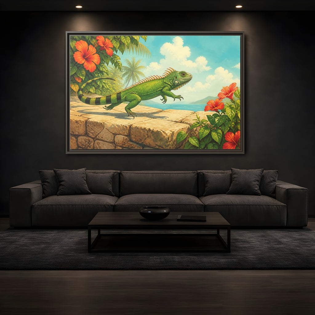 Mockup 3. Nature Green Iguana Green Tropical Iguana shown as stretched canvas wall art