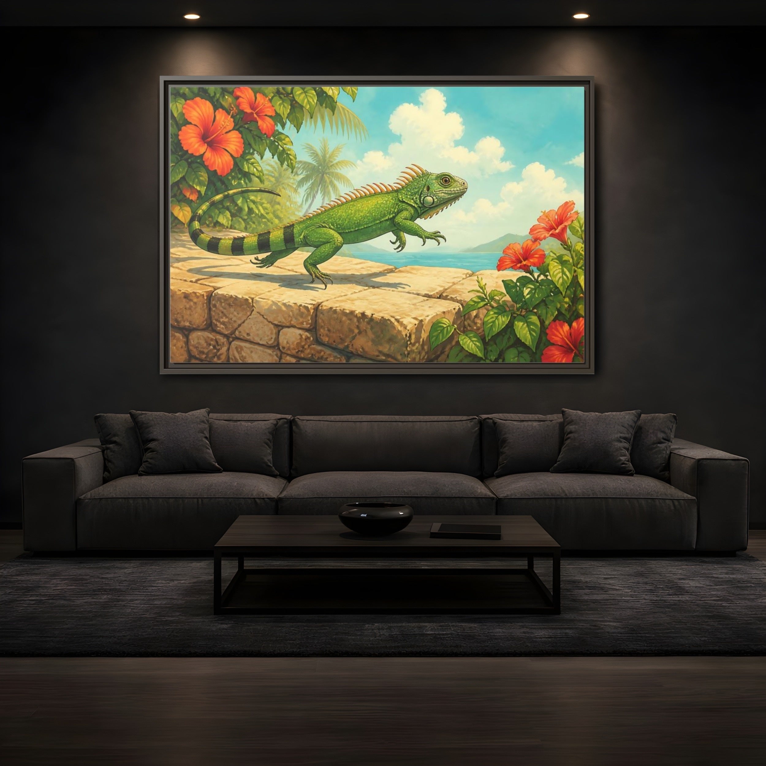Mockup 3. Nature Green Iguana Green Tropical Iguana shown as stretched canvas wall art